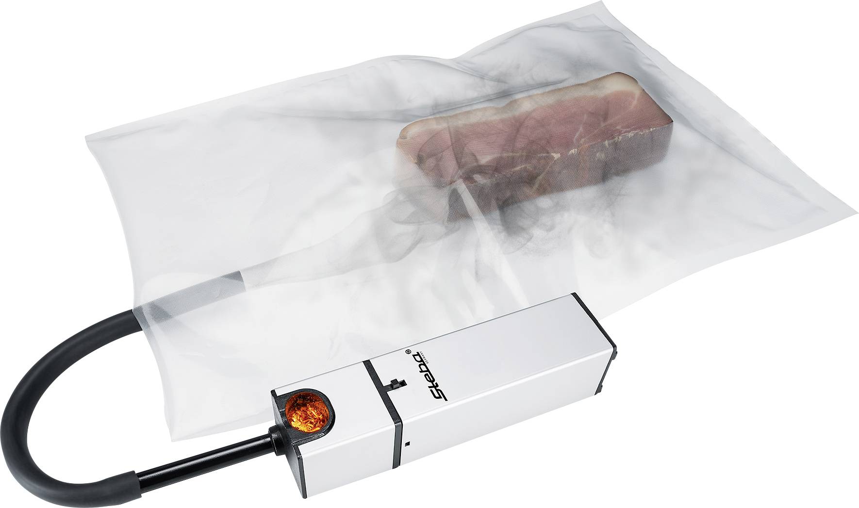 A vacuum sealer removes air from a sealed bag containing a piece of meat in order to keep it fresh.
