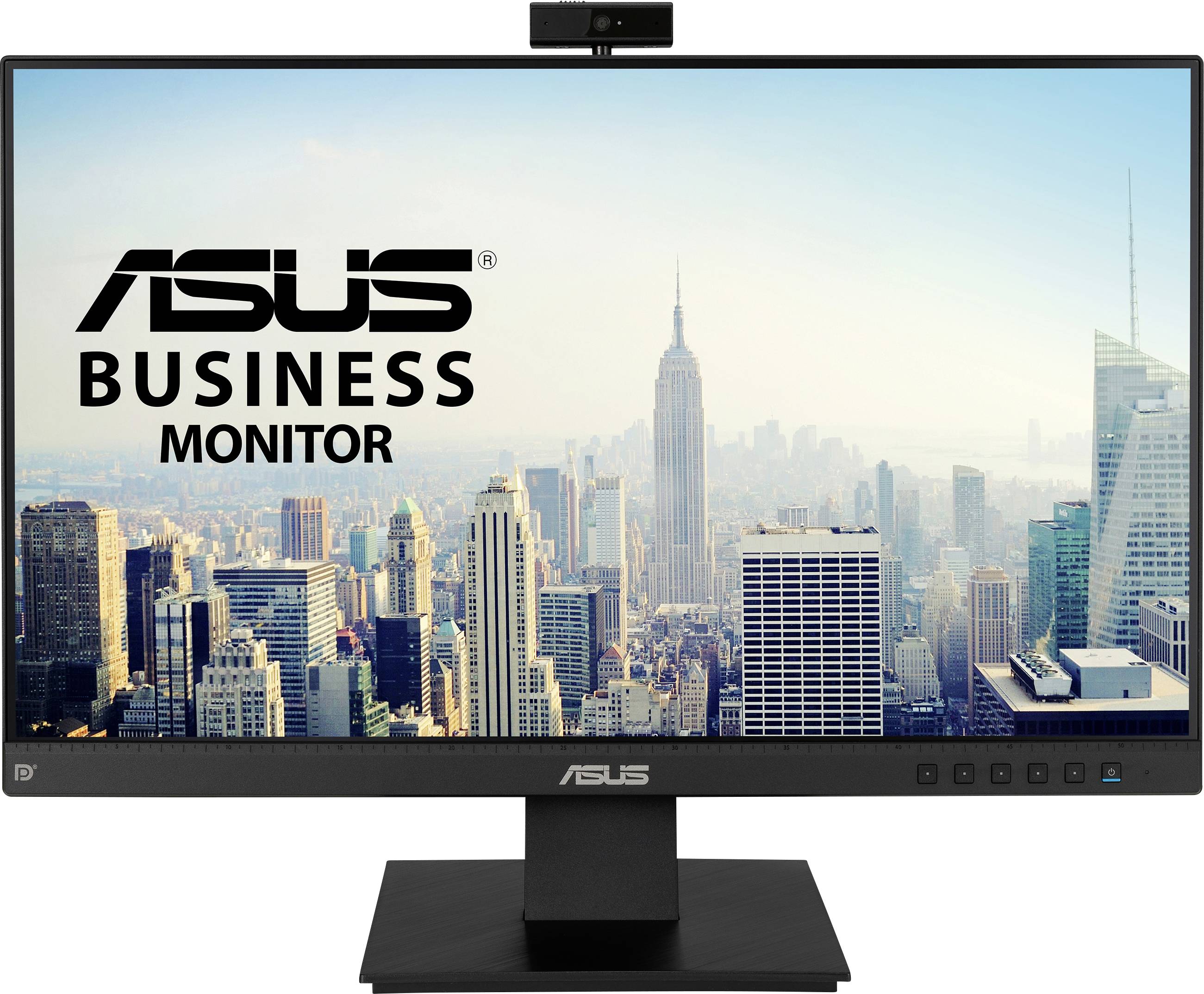 Asus business monitor positioned in front of a city landscape, featuring a metropolitan skyline with a prominent skyscraper in the background.