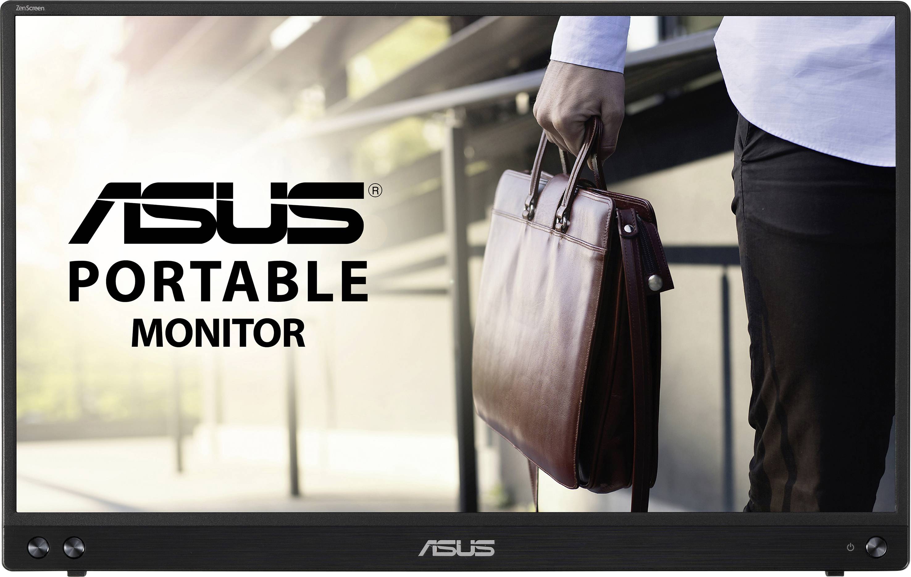 A man is carrying a leather bag, next to which is an 'ASUS Portable Monitor'.