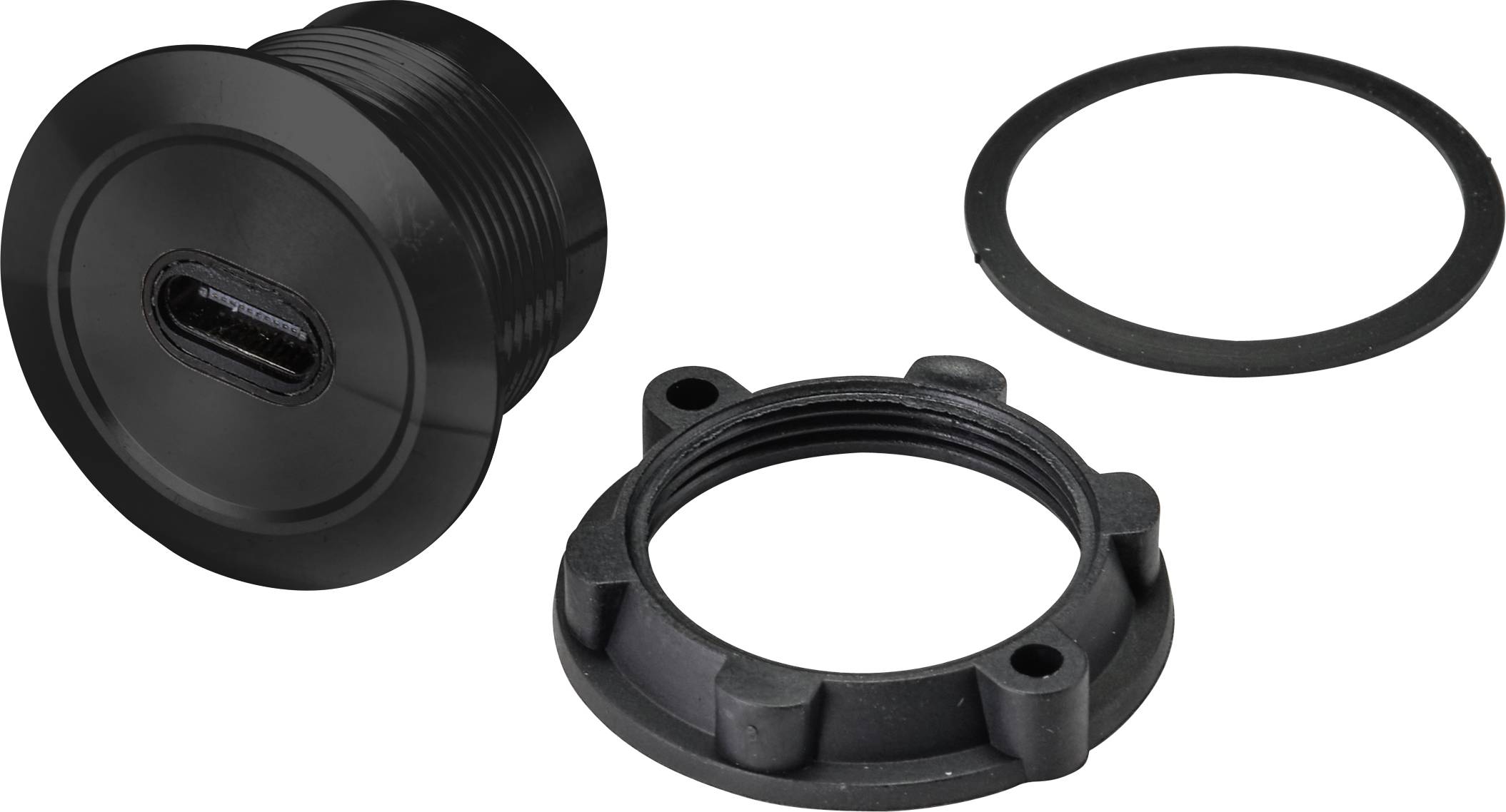 Black USB-C through-connection port with mounting ring and seal, suitable for electronic devices and cable connections.