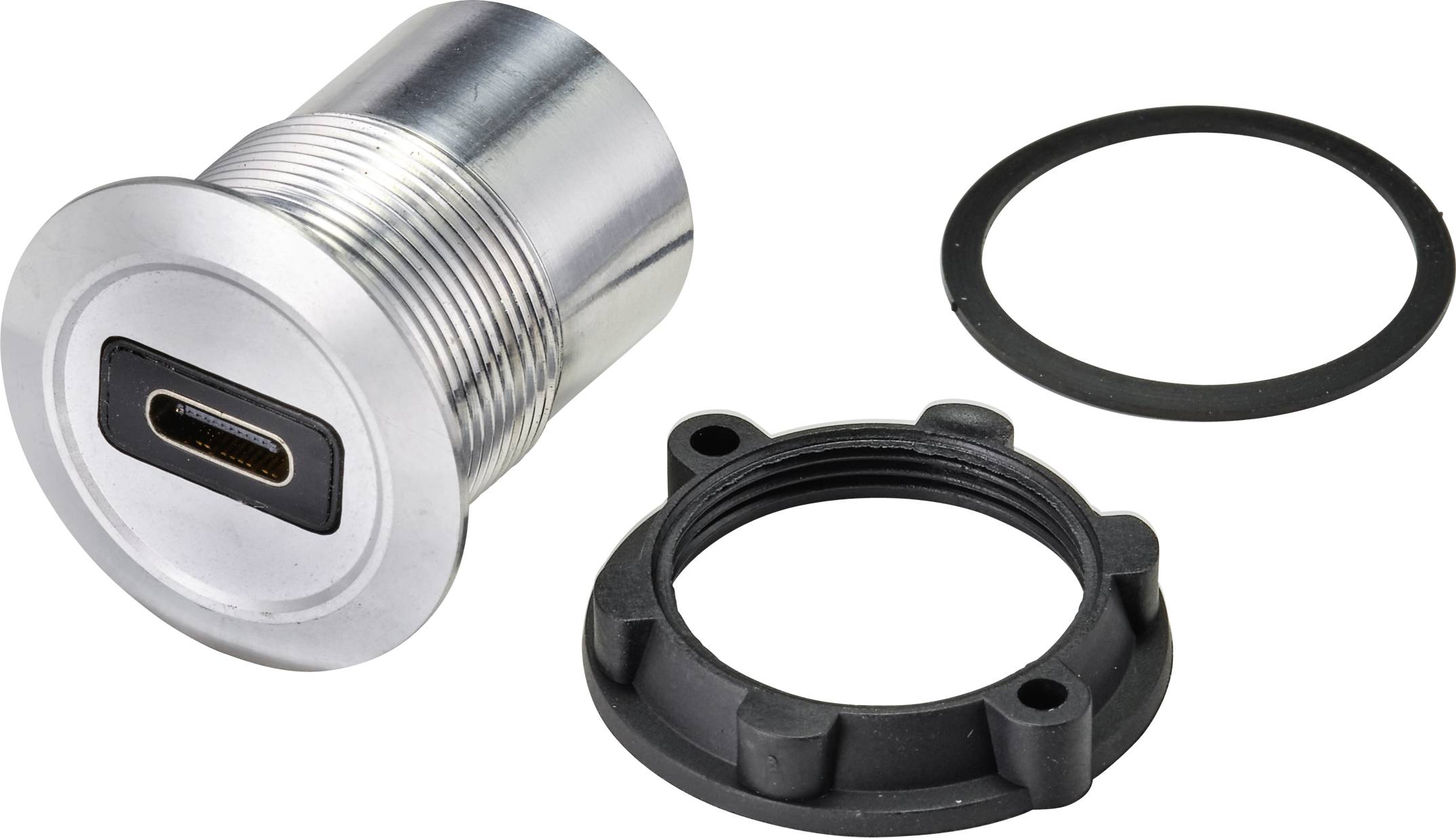 Metallic USB-C connector with mounting adapter and seal, suitable for panel mounting, for secure device connection.