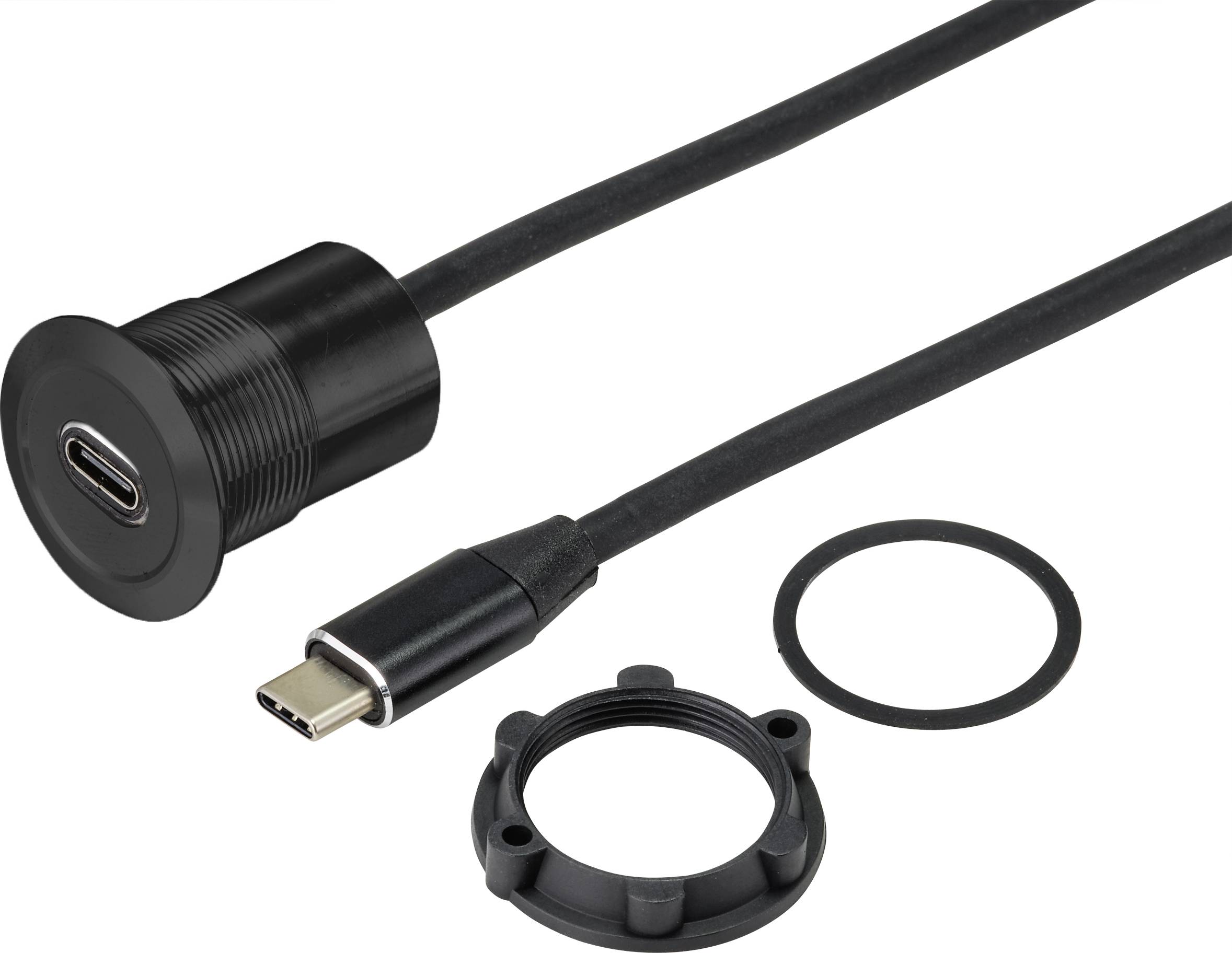 A black USB-C built-in cable with plug connector; includes cable, connection and seal for panel mounting.