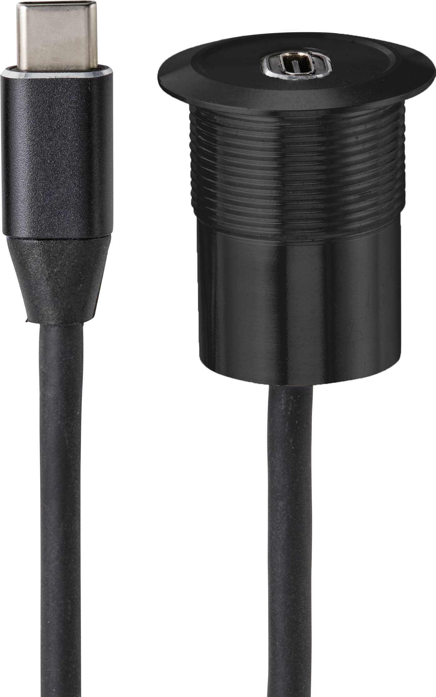 Black cable with USB-C plug and matching socket, both used for electronic connection.