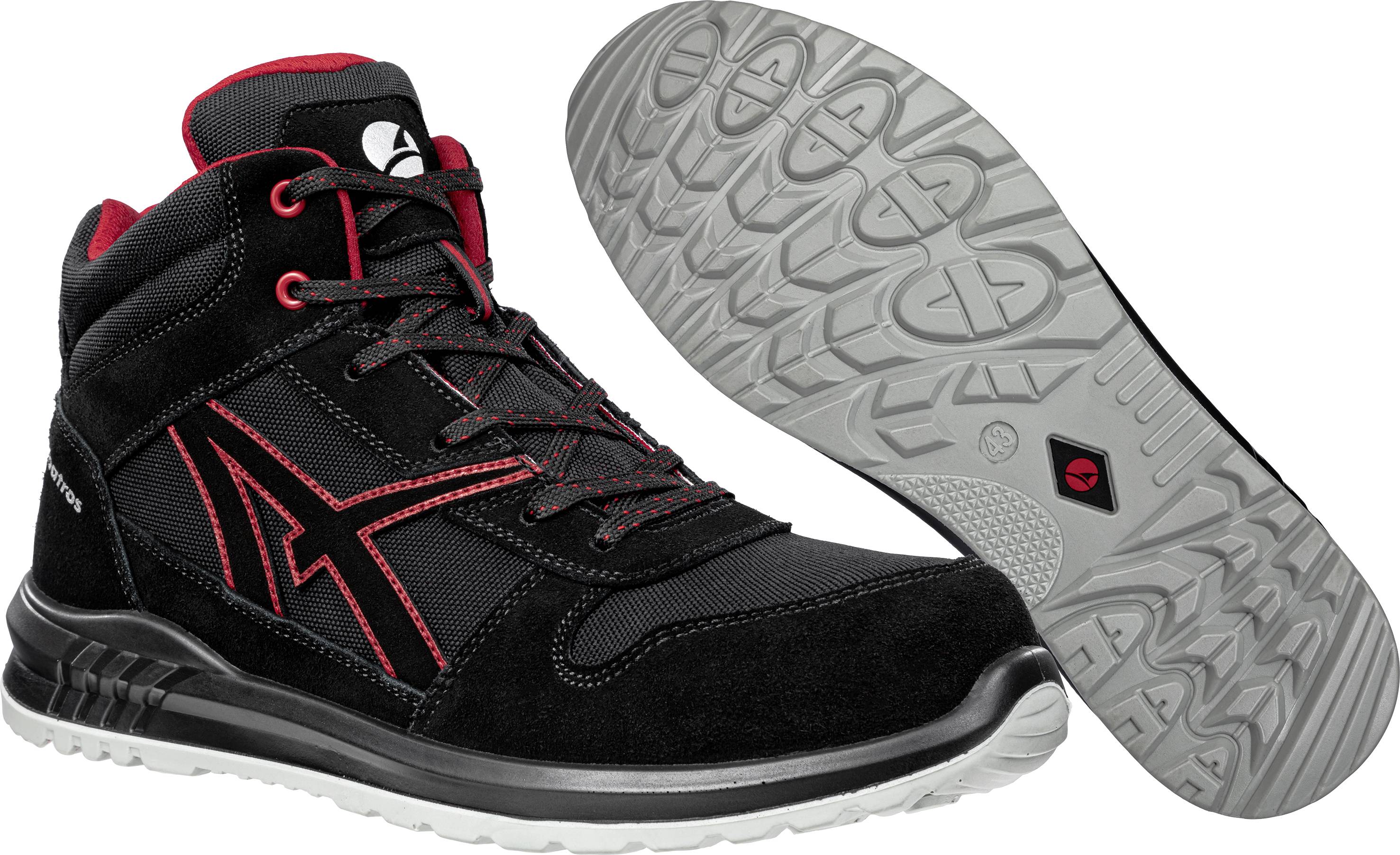 Black and red sports trainer with non-slip grey sole. Suitable for outdoor activities, stylish and functional design.