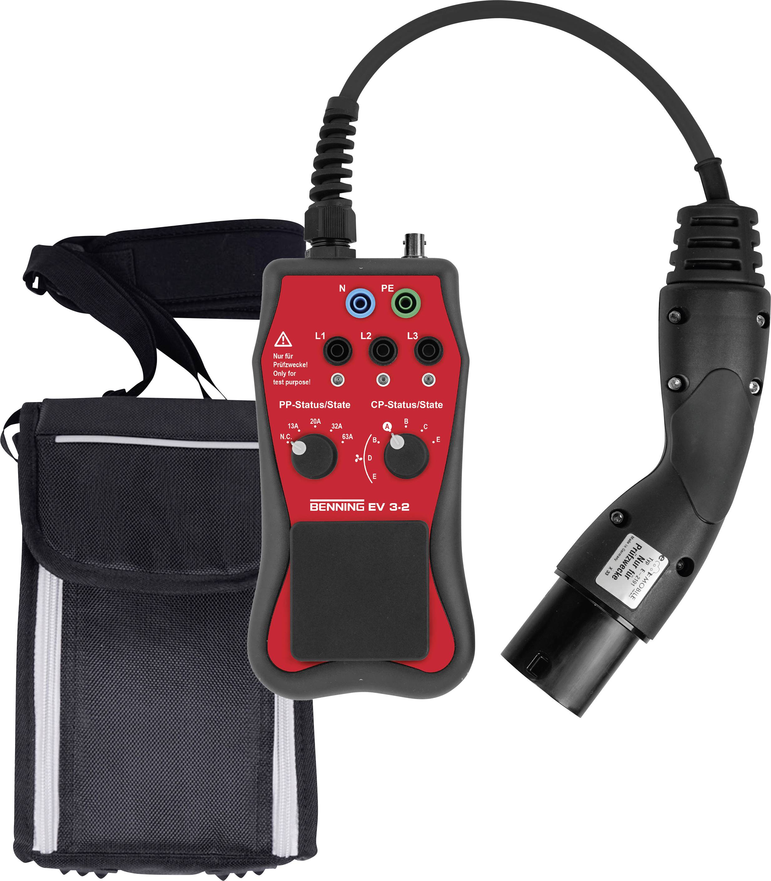 A portable testing device for electric vehicle charging stations with indicator lights, alongside a black carry case.