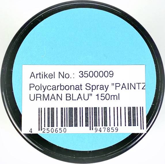 Round tin with a blue cap and a label: 'Article No.: 3500009 Polycarbonate Spray 