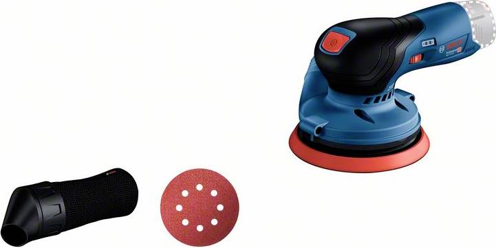 A blue and black eccentric sander with a red sanding disc, a black dust collection container, and a red sanding disc with holes.
