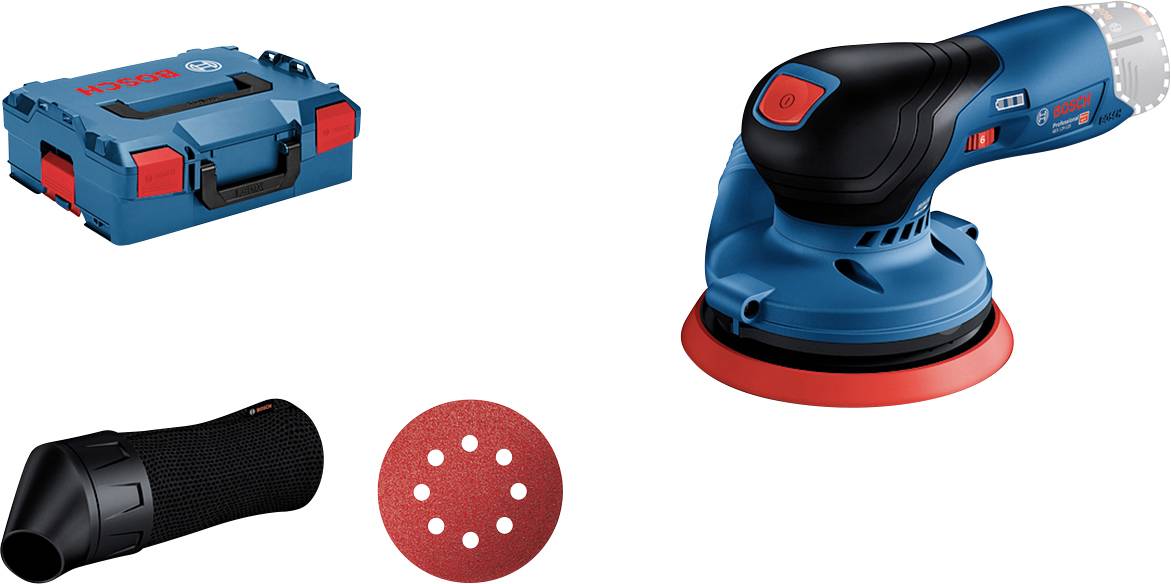 The image shows a blue and red Bosch grinding tool, a circular grinding disc, a dust extraction adapter, and a storage case with the Bosch logo.