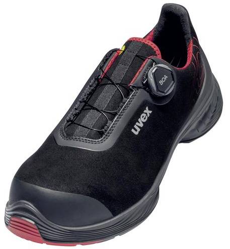 Black safety shoe with red detail, elastic closure system, and reinforced toe. Suitable for work environments.