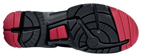 Shoe sole viewed from underneath. Black and red design with geometric tread pattern, providing robust traction and grip on various surfaces.