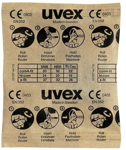 Packaging for Uvex ear plugs. Pictograms show instructions: Roll ear plugs, insert, hold. NRR values: 33, 24, 32.