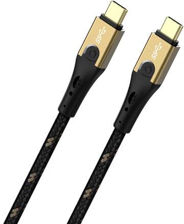 Two USB-C plugs with gold-plated connectors and black-sheathed cables, suitable for high-speed data transfer.