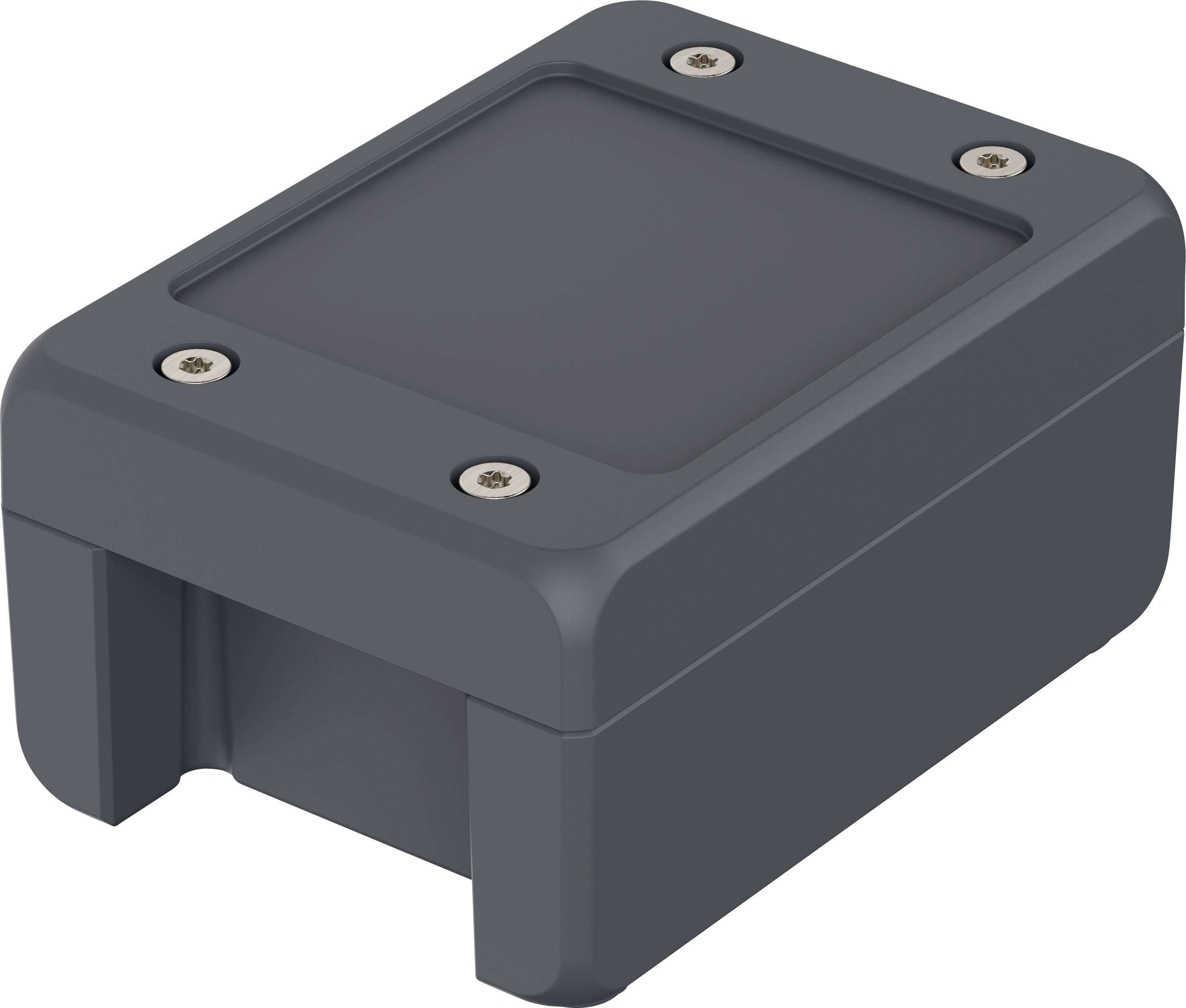 Small, rectangular, black device with rounded corners and four screws at the corners of the top surface.