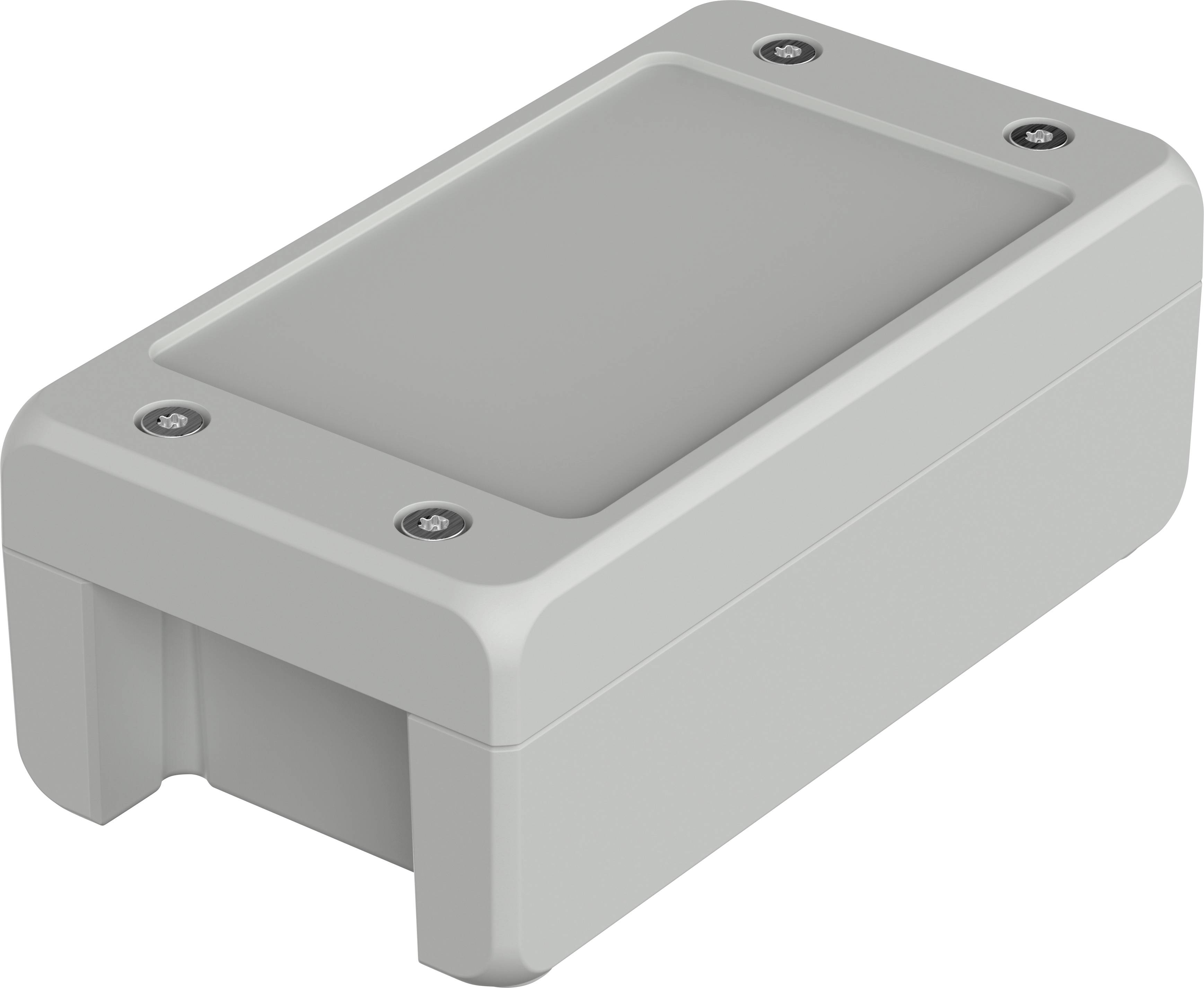A rectangular white enclosure with rounded corners and four silver screws at the corners of the upper cover.