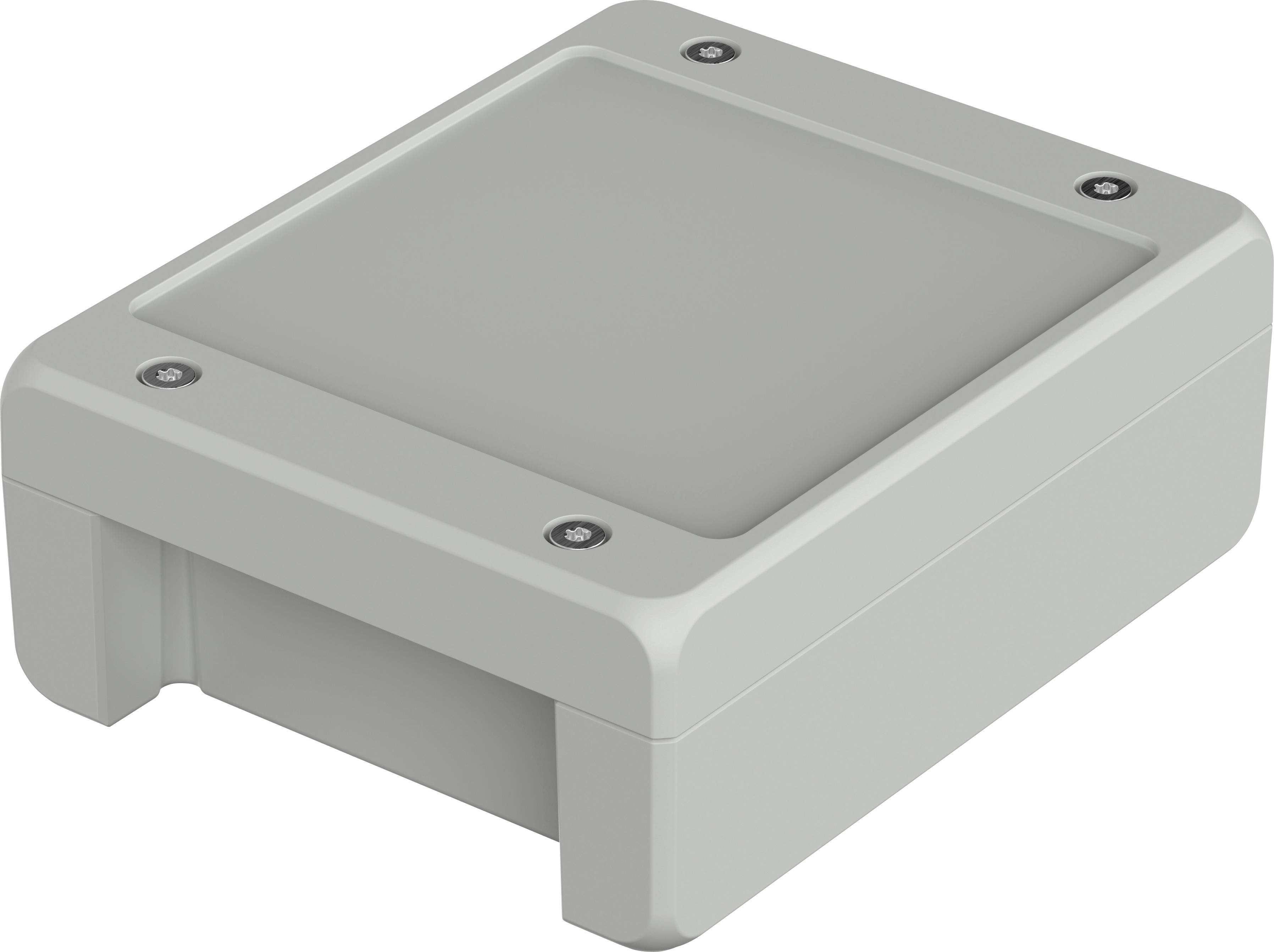 Grey, rectangular plastic enclosure with rounded corners and four screws. Suitable for electronic components.