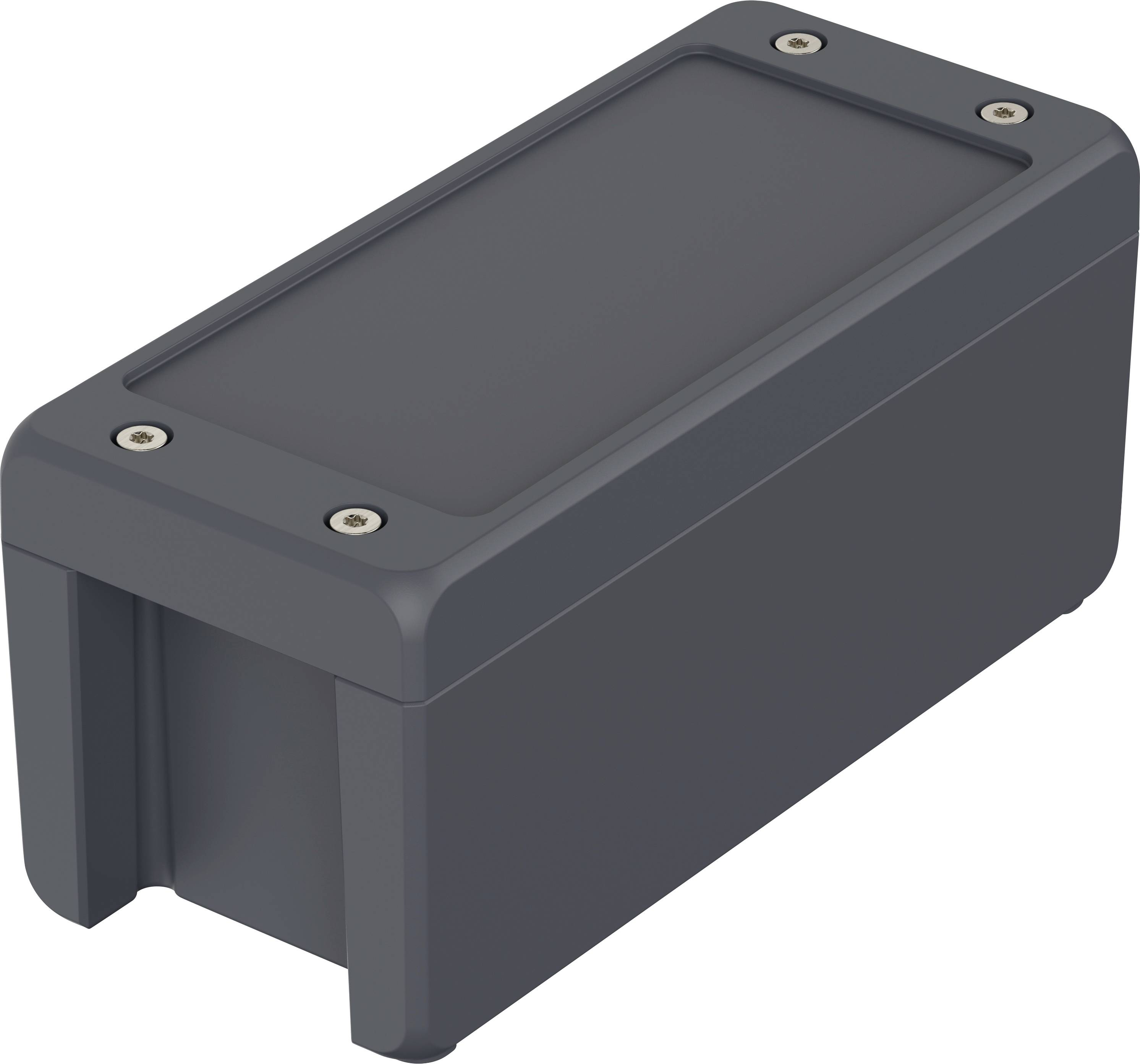 Grey, rectangular plastic casing with rounded corners and four screws at the corners of the upper lid.