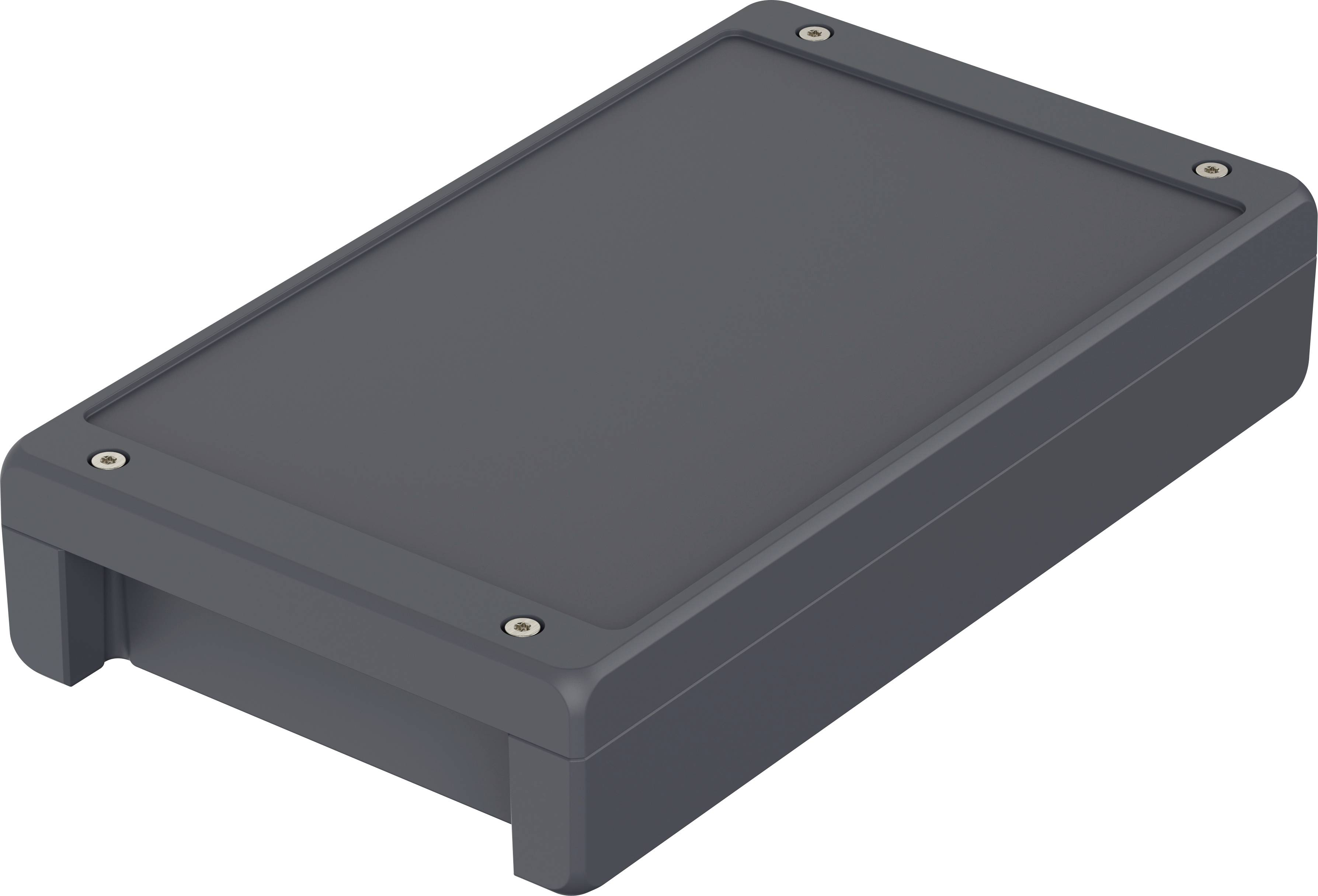A rectangular black enclosure with rounded corners and four visible screws at the corners of the top surface.