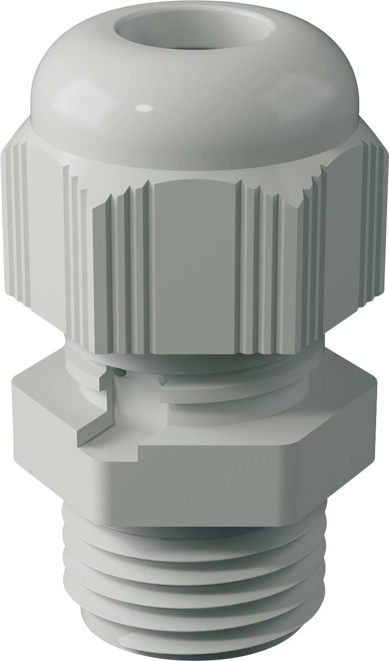 A grey cable gland, cylindrical with threaded ridges and a cap, for secure cable fixing in electrical installations.
