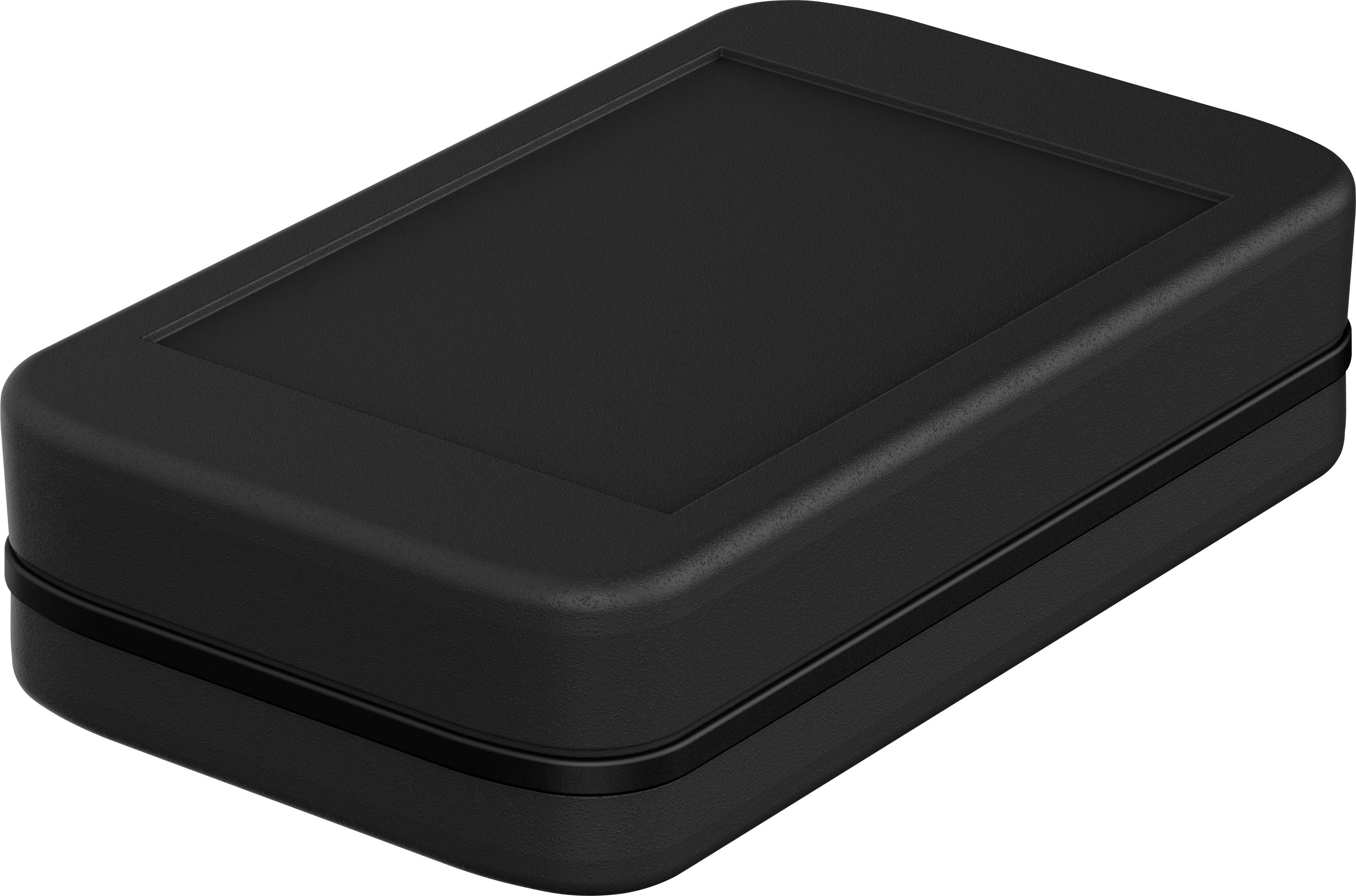 Black, rectangular plastic box with rounded corners on a white background.