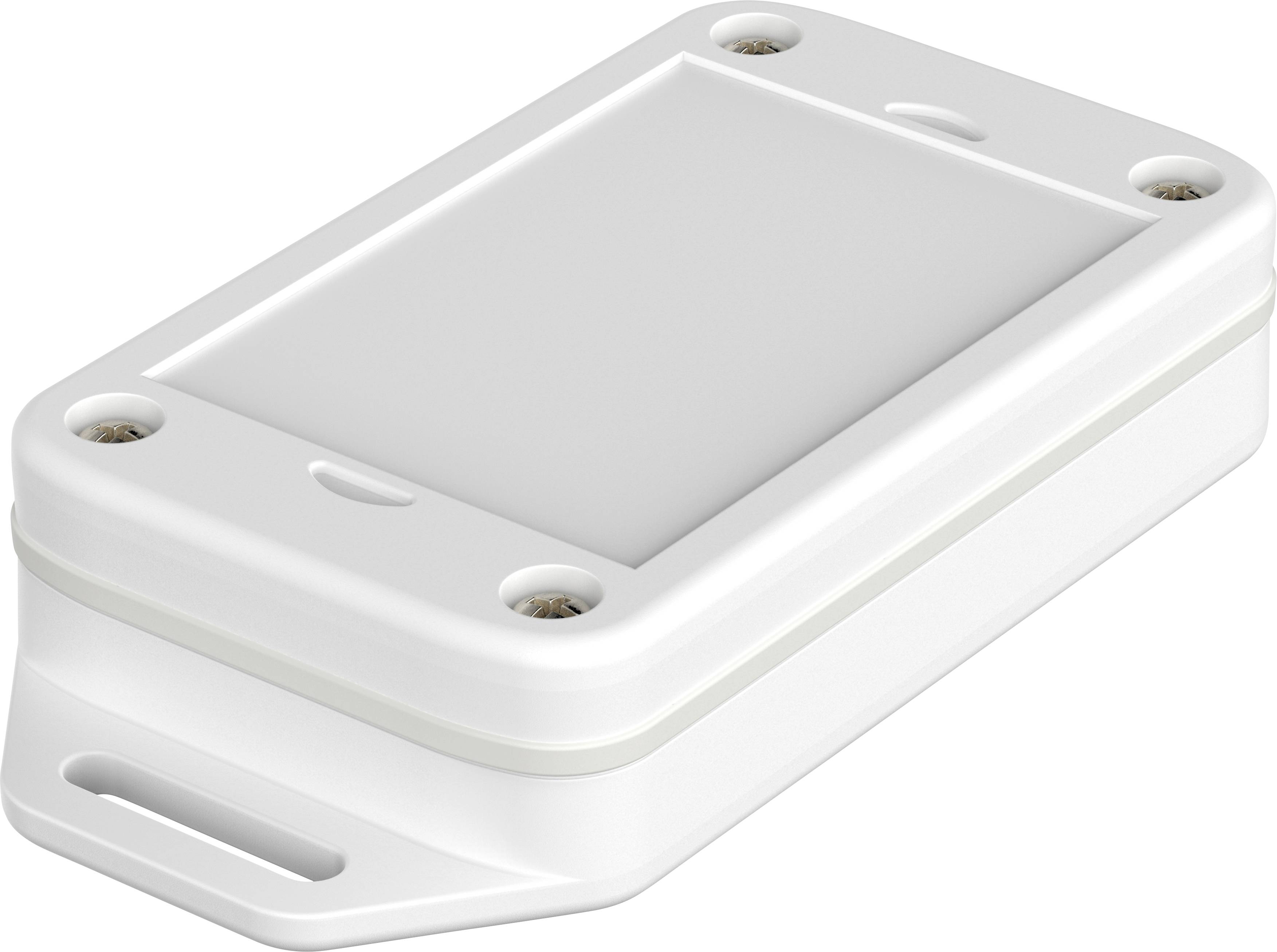 A rectangular, white device with rounded corners and mounting holes at the corners. It has a smooth surface.