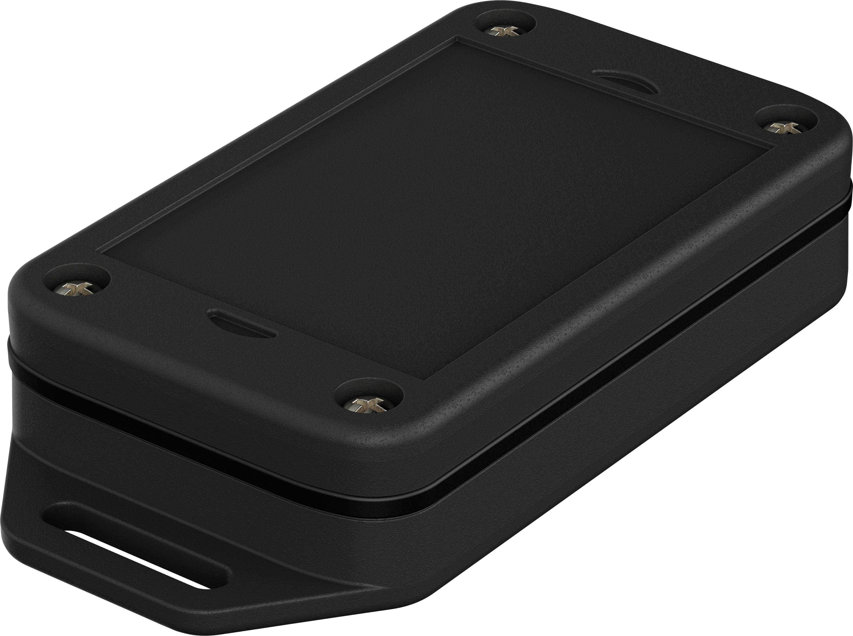 Black, rectangular device with rounded corners and four visible screws in the corners, serving as a protective housing or cover.