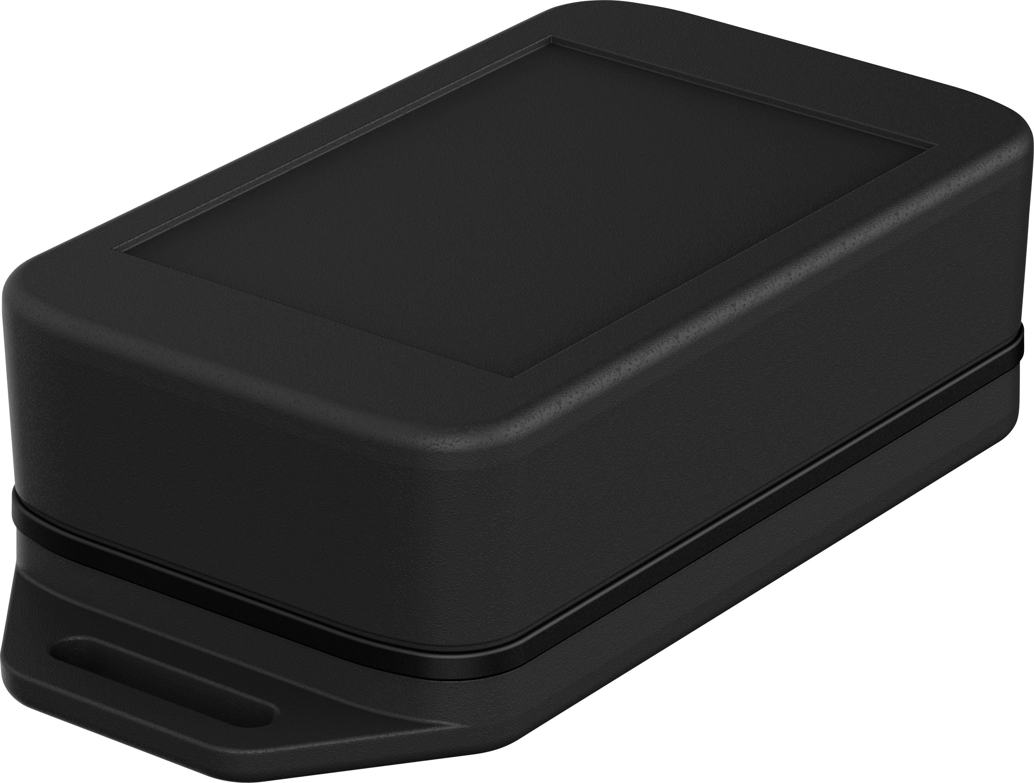 A small, black, rectangular device with rounded corners and a loop at one end, possibly an electronic gadget.