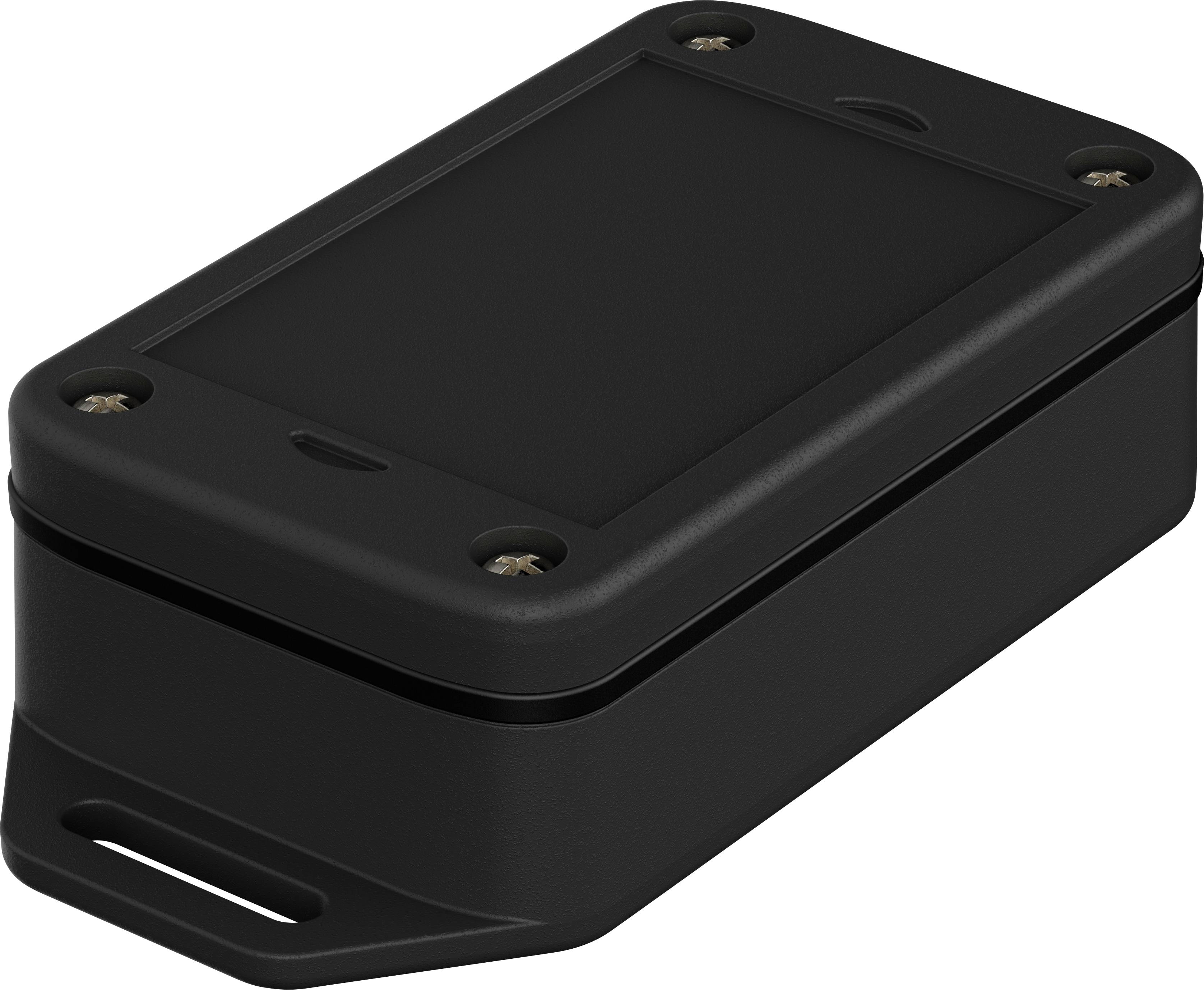 A rectangular, black electronic device with four visible screws at the corners. It has a tab on one side.