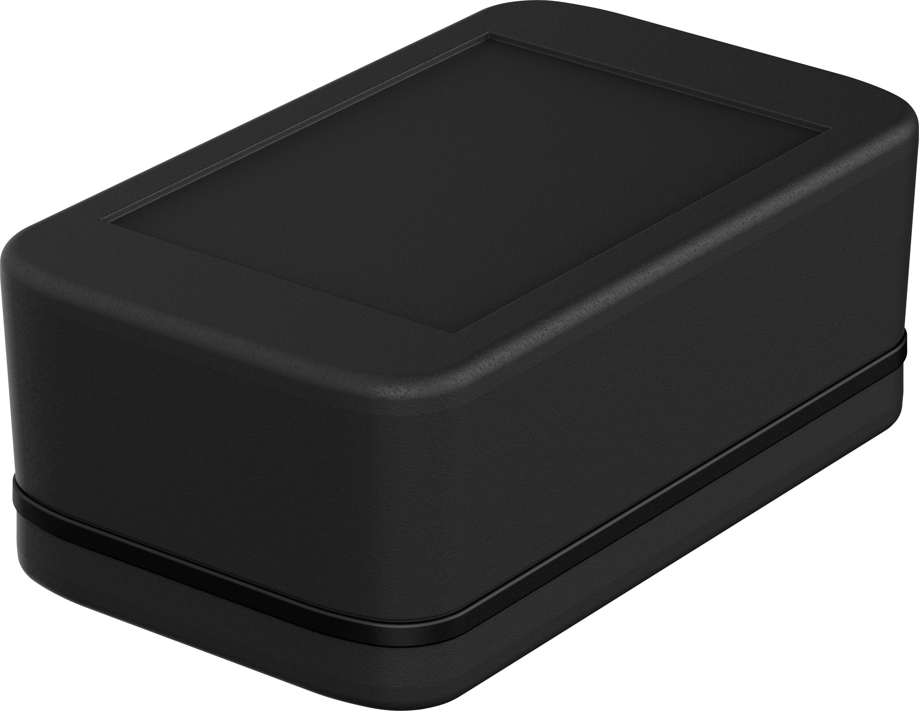 Black rectangular plastic enclosure with rounded edges.