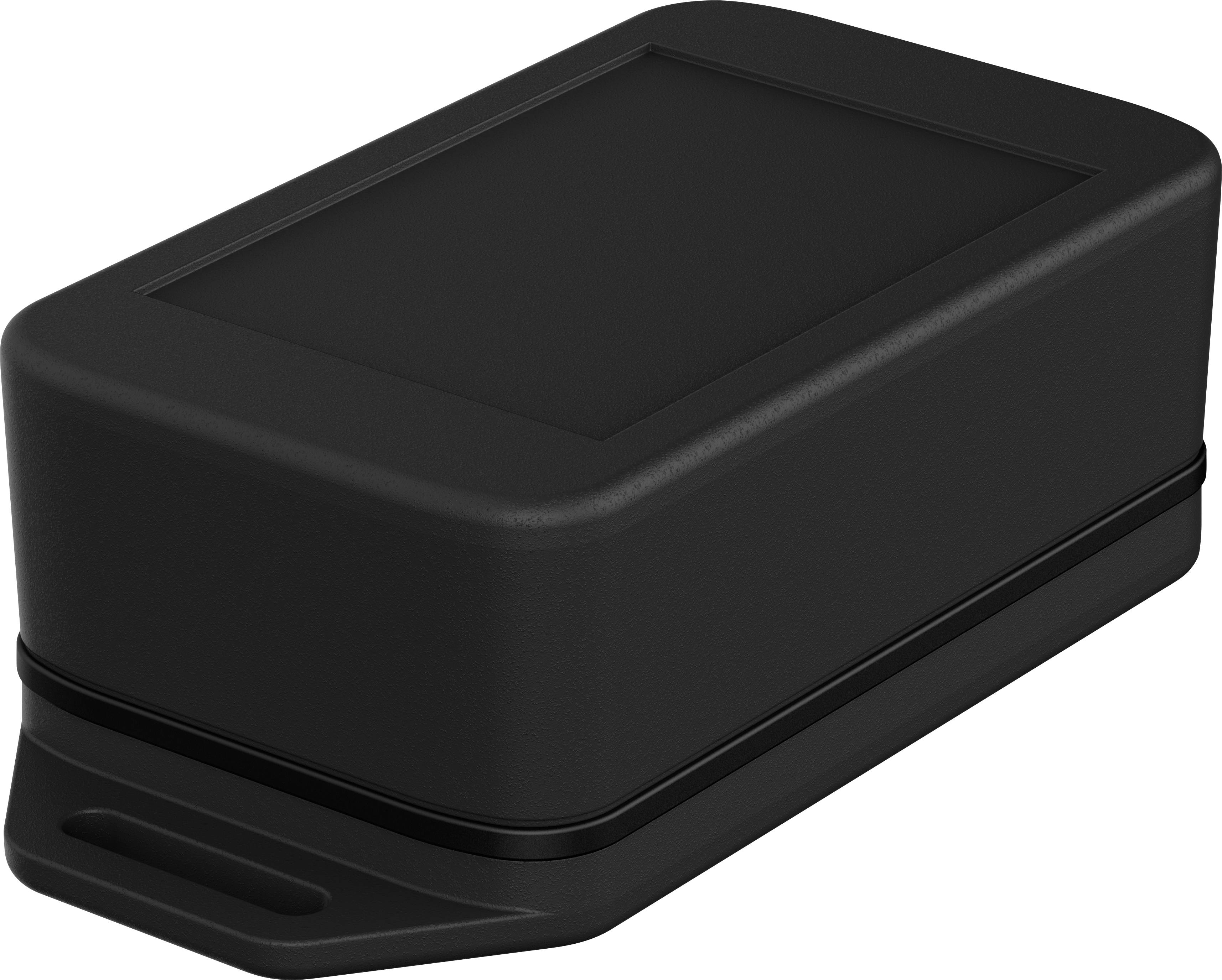 A rectangular, black device with a smooth casing and a tab on the side. Possibly an electronic device.