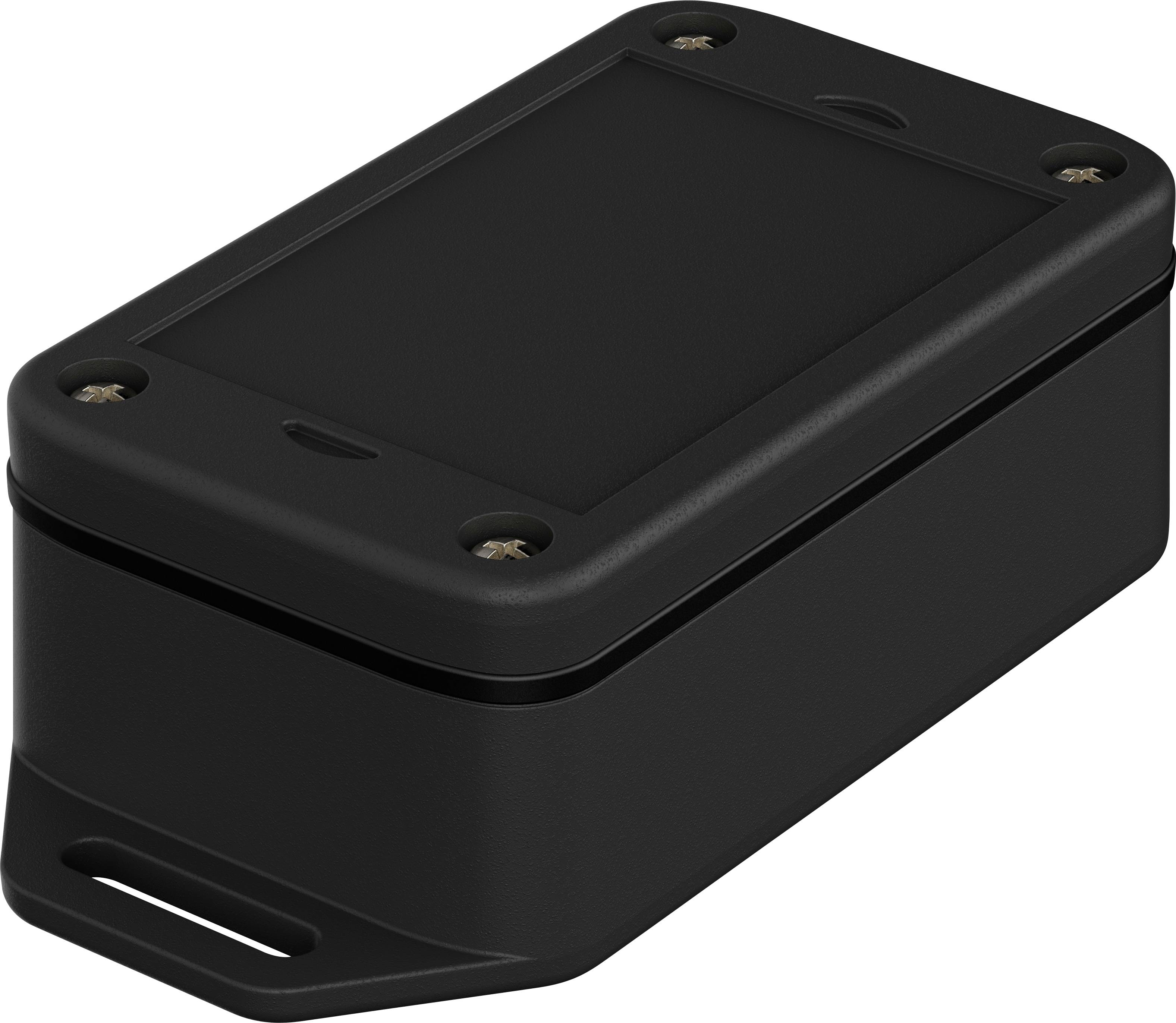 A black, rectangular electronic device with rounded corners and four screws in the corners, which looks robust.