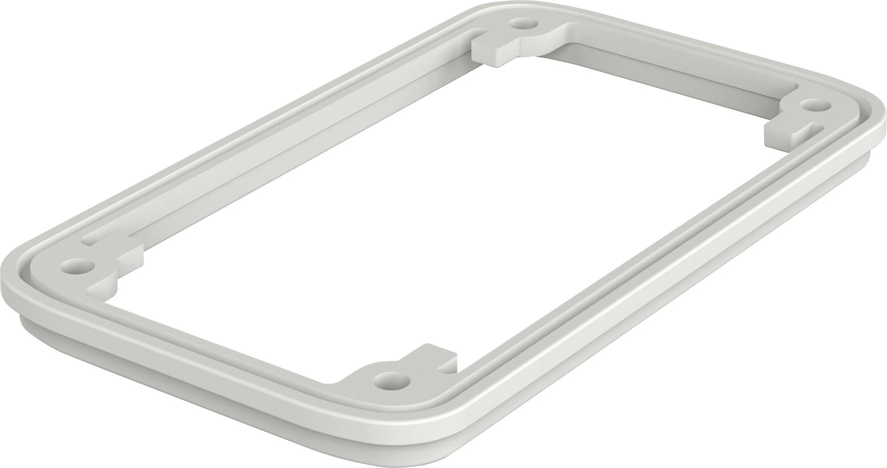 Rectangular plastic seal with multiple mounting points, used for the installation or sealing of components.