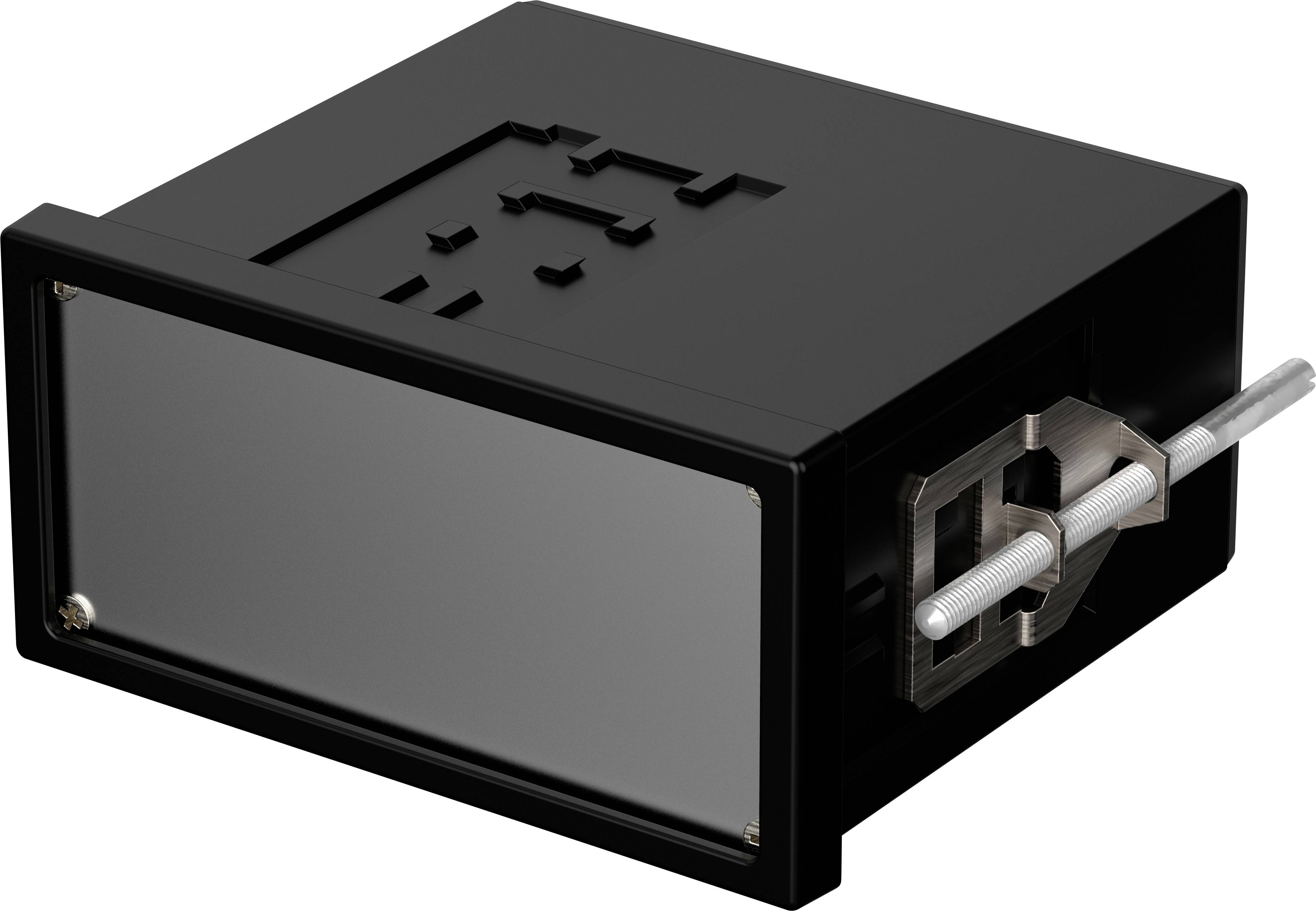 A rectangular, black plastic casing with a smooth front and a metal plug on the side.