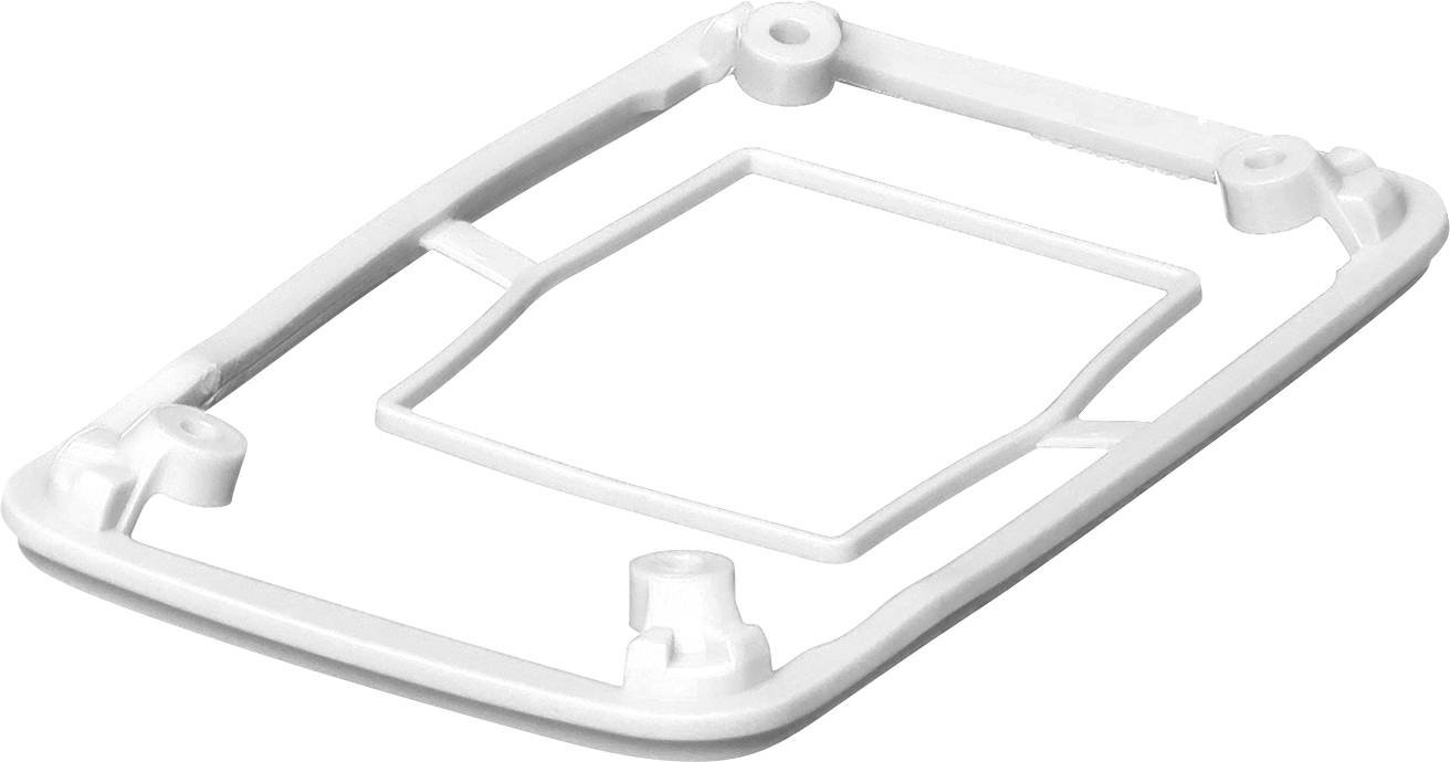 A white plastic frame with rounded corners and holes at the four corners.