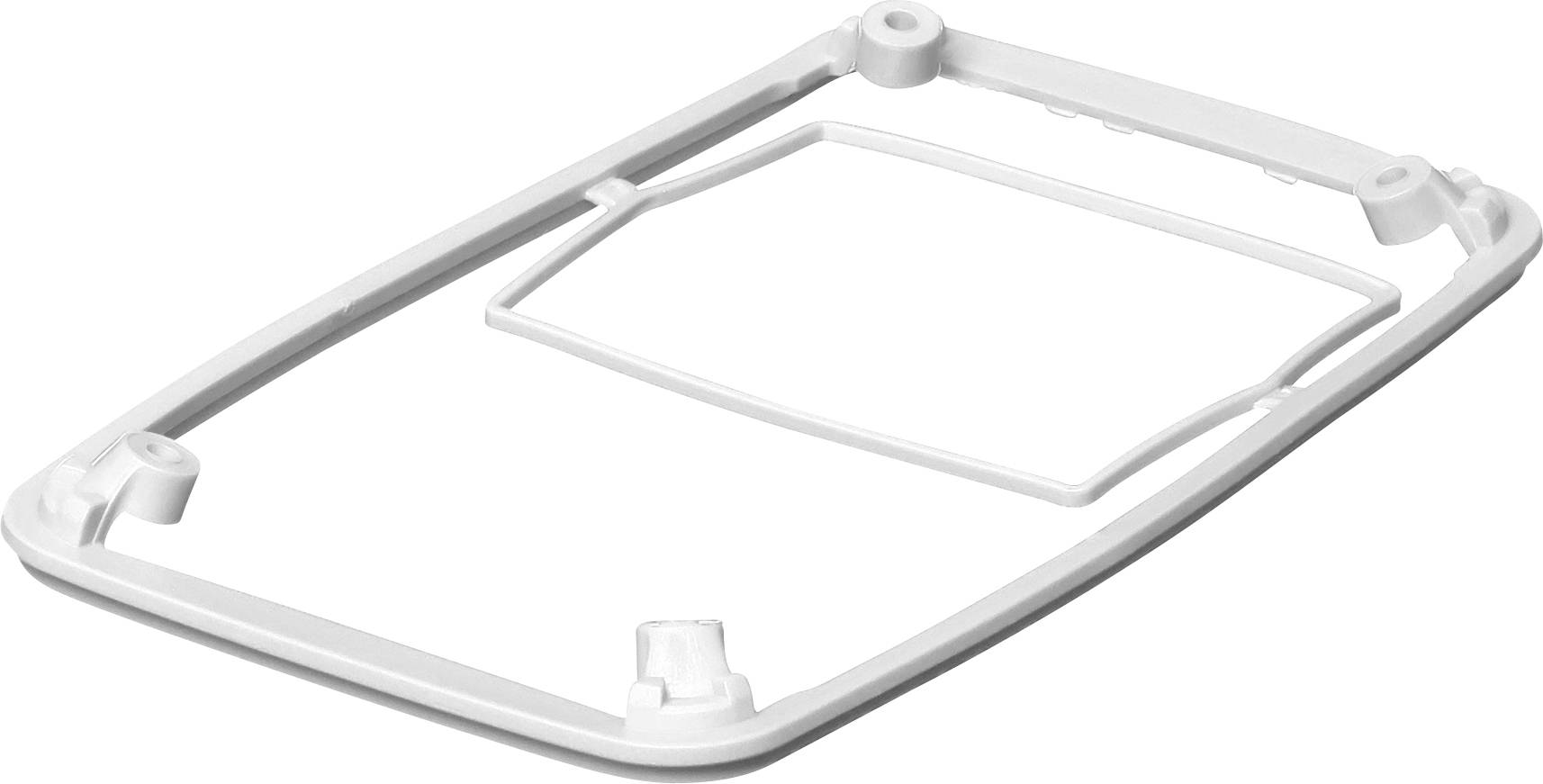 A white, rectangular plastic frame with rounded corners. The frame has a central recess and four mounting points.