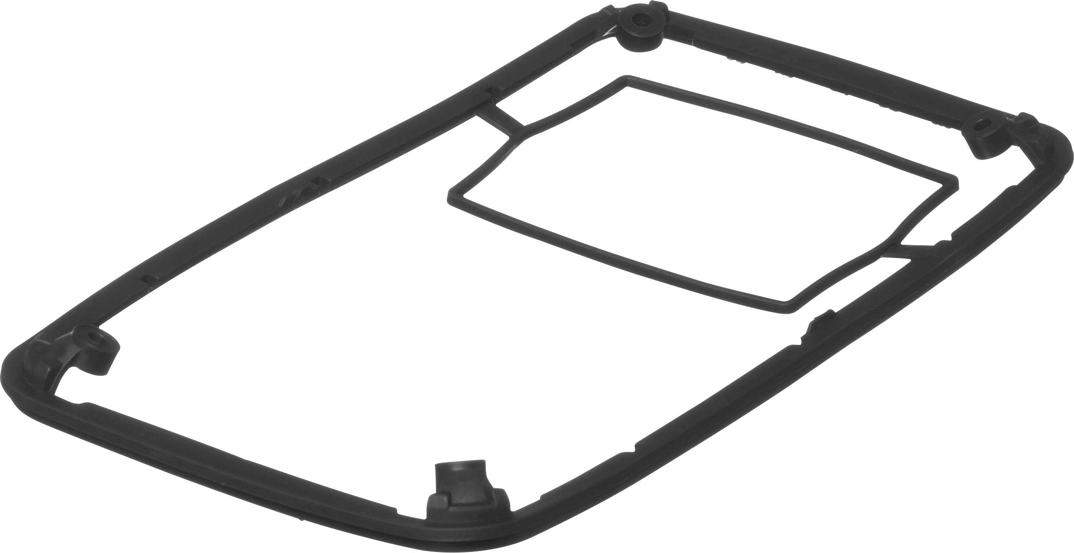 Frame of a car door with a rectangular cutout, likely for a window. Black material, used in vehicle construction.