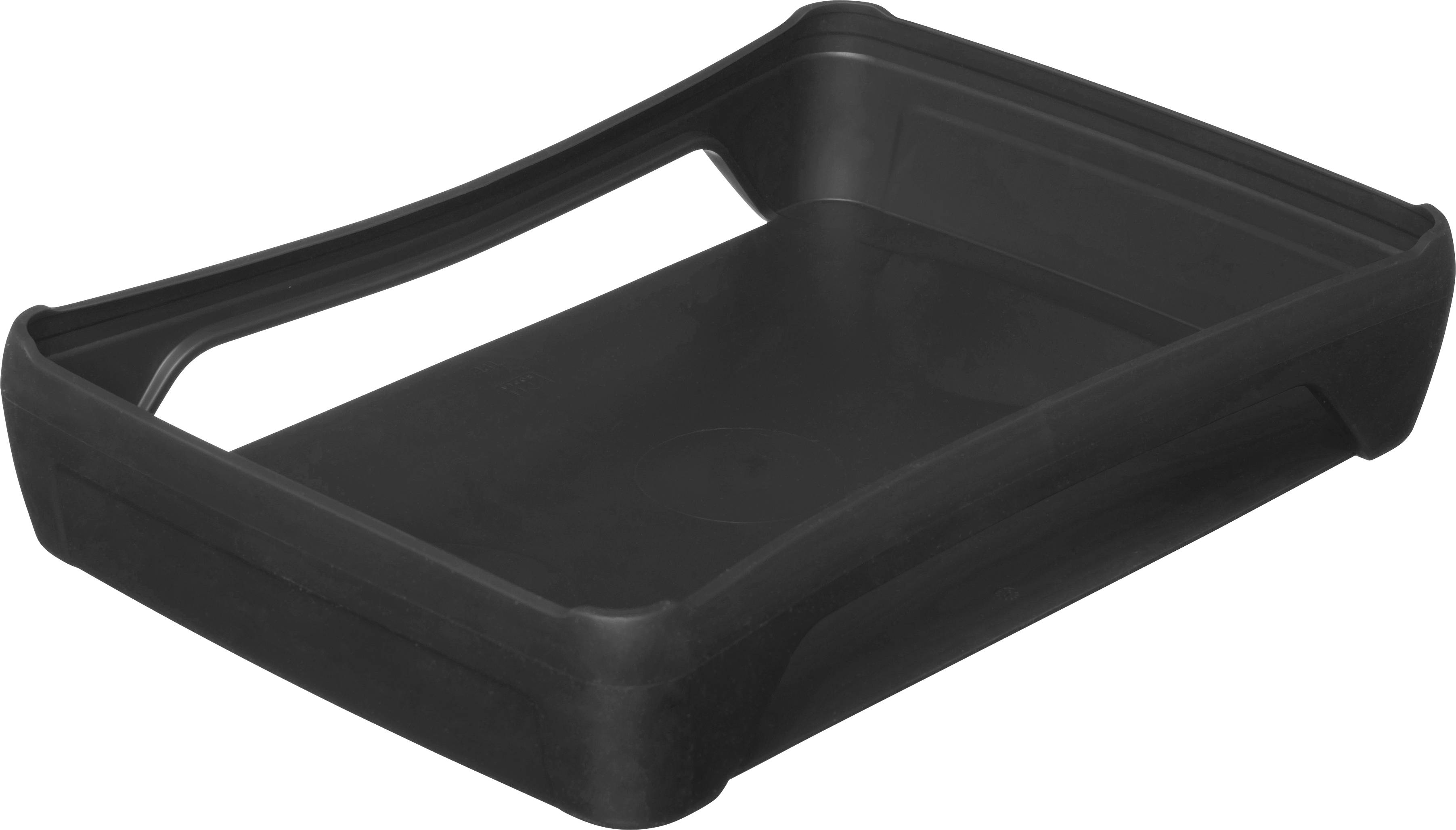 Black plastic tray with raised edges, rectangular in shape. Ideal for transporting or presenting items.