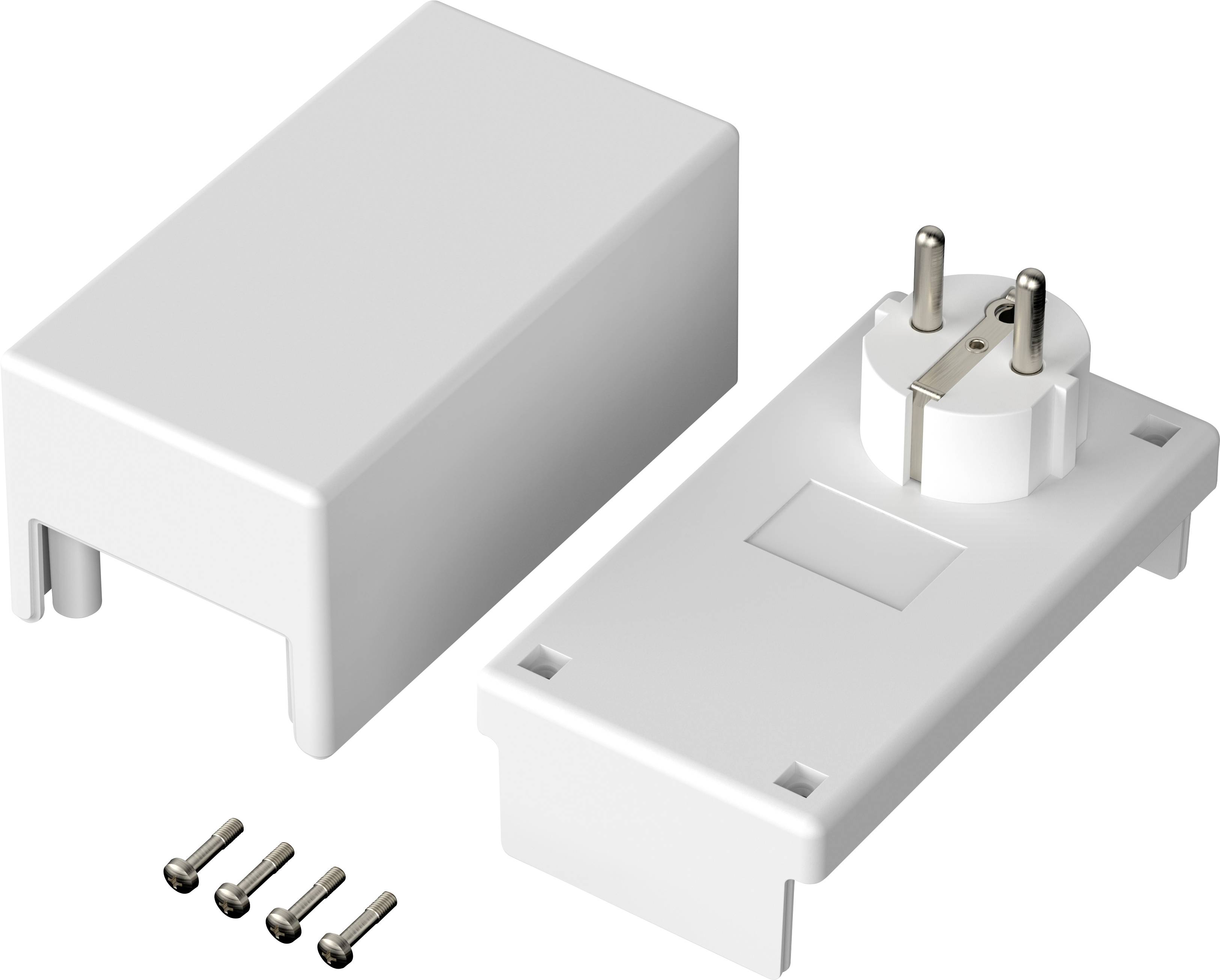 White plastic cover and socket element with screws, ready for installation, on white background.