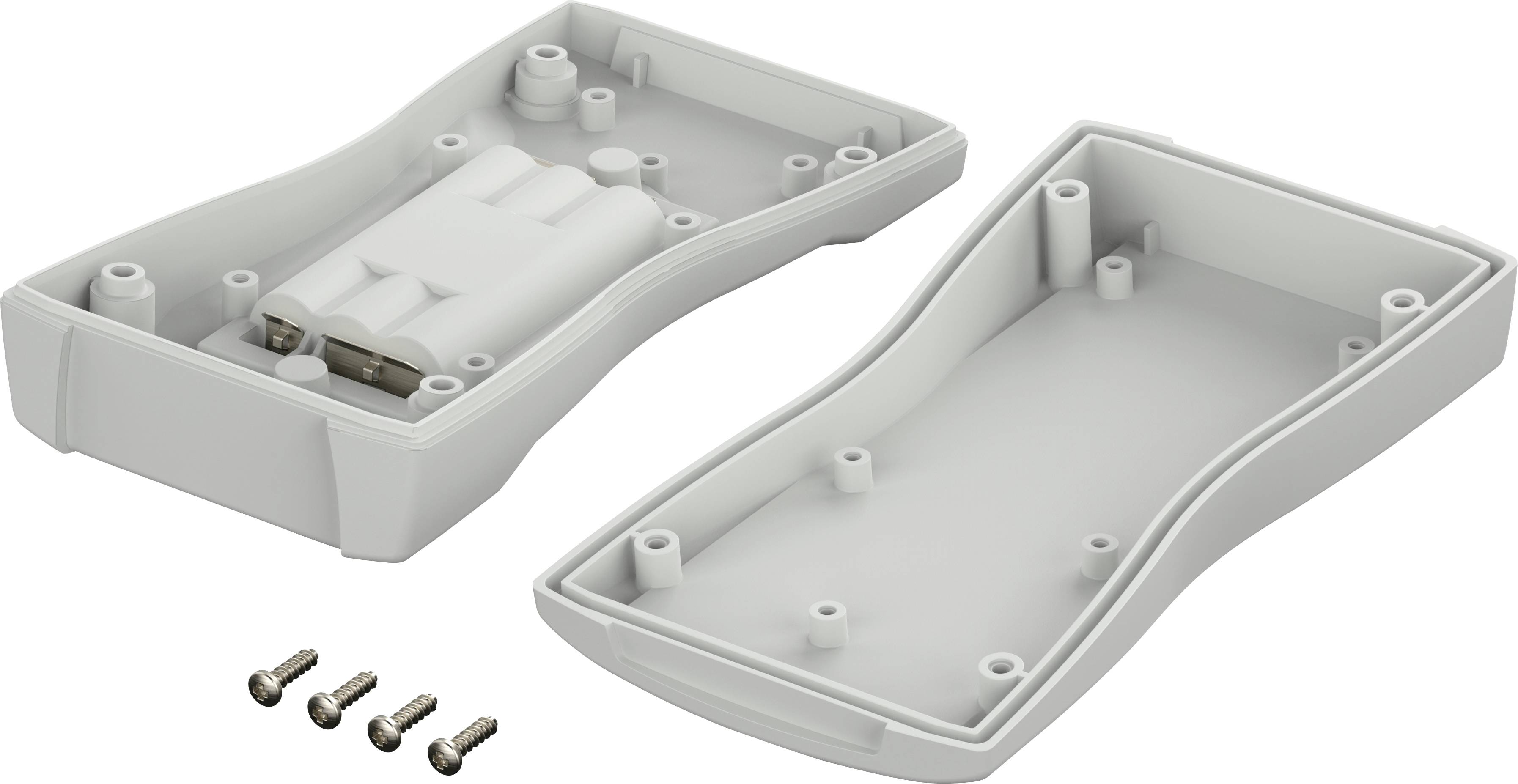 Two-part grey plastic housing with a removable lid; next to it, four silver screws.