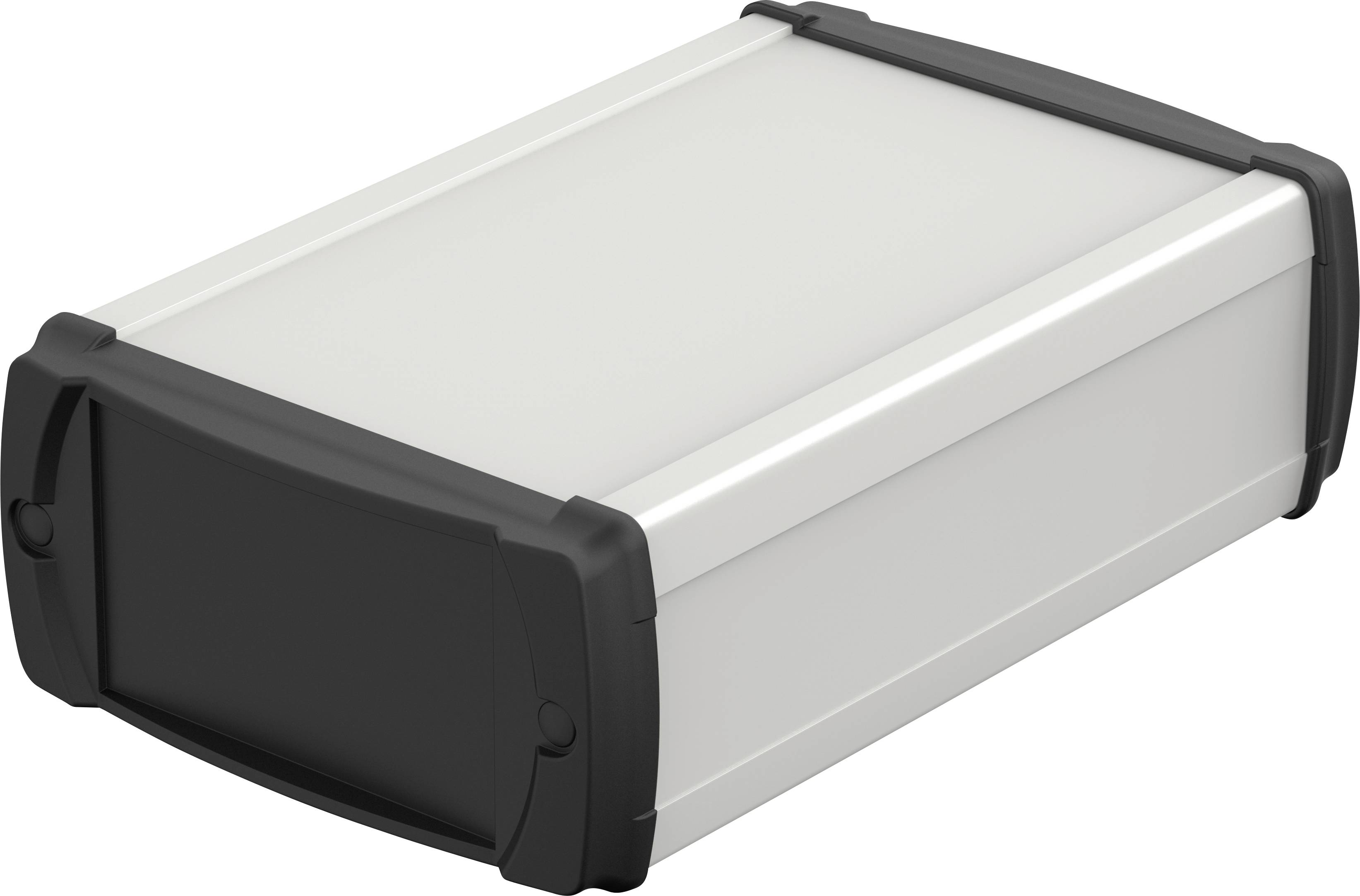 A rectangular, white enclosure with black corners and a black front cover, suitable for electronic devices.