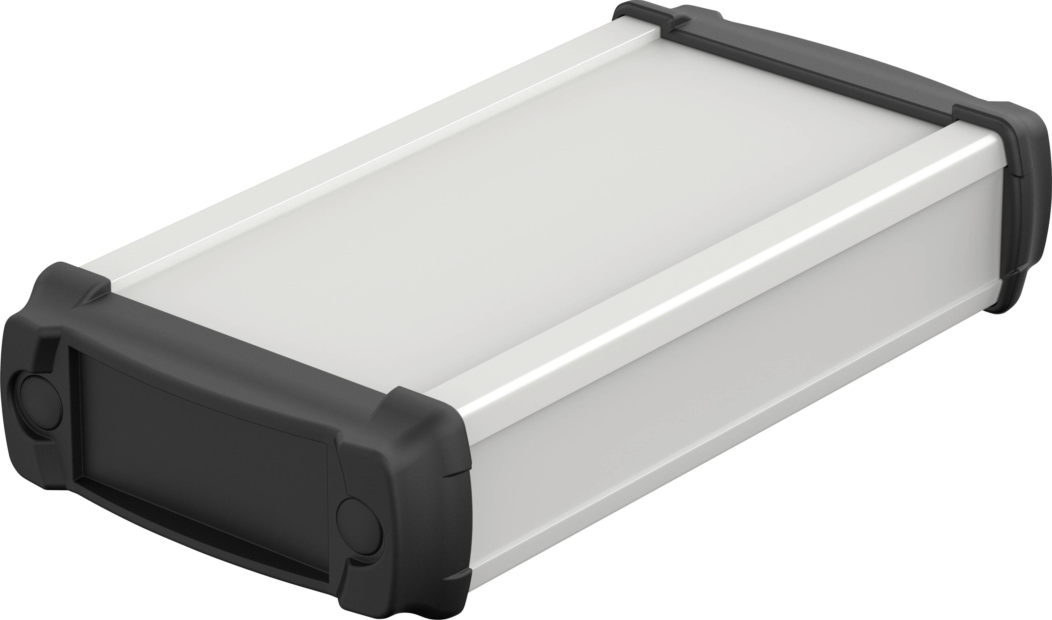 Grey aluminium enclosure with black plastic end caps, suitable for housing electronic components or devices.