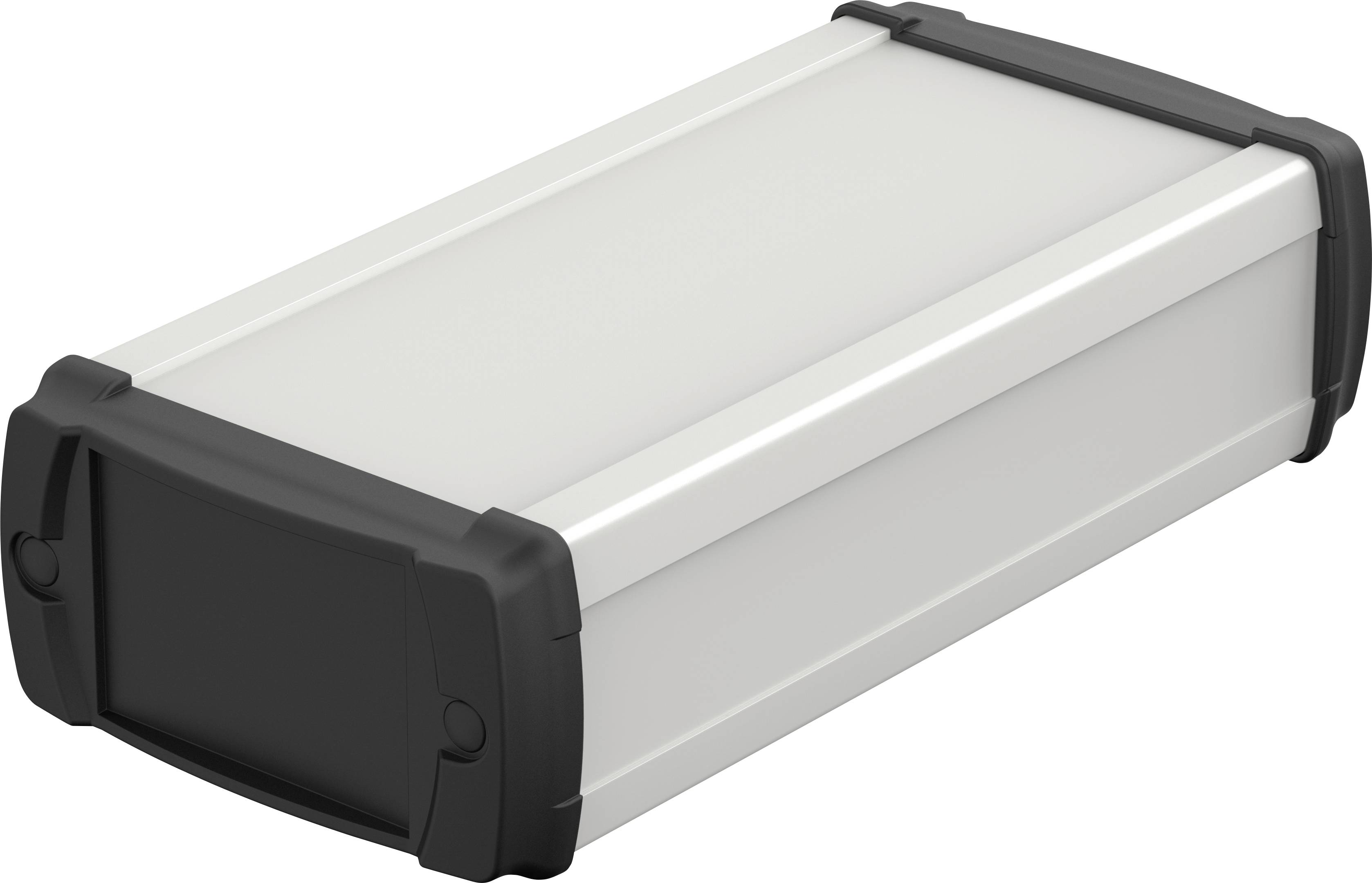 A rectangular, silver enclosure with black corners and edges, suitable for storage or as a housing module for electronics.