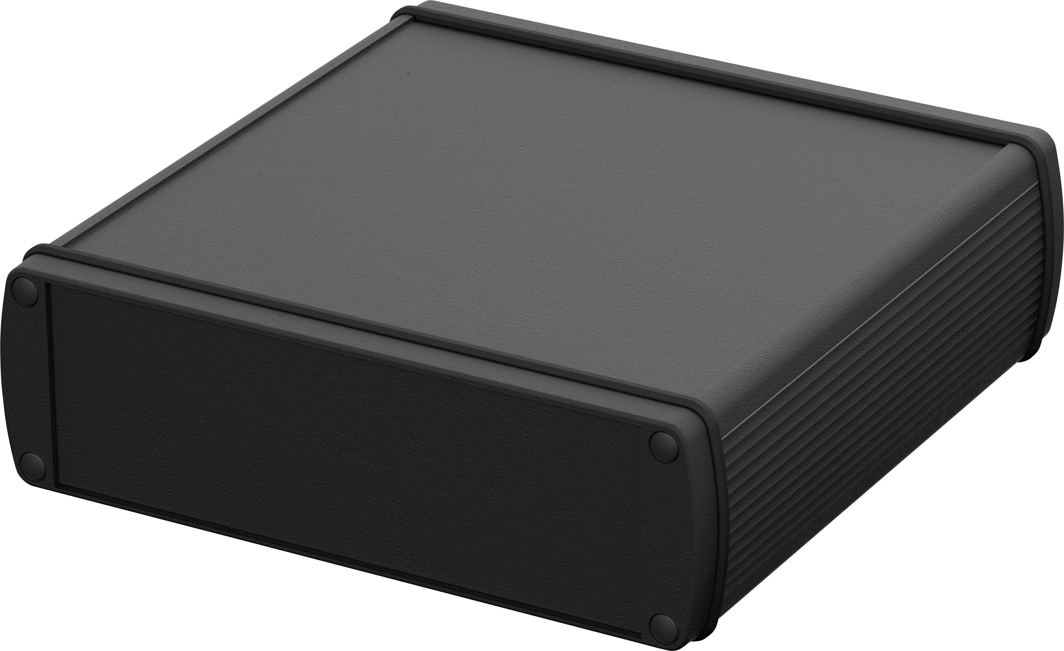 Black, rectangular metal enclosure with rounded corners, suitable for electronic devices or as a computer case.