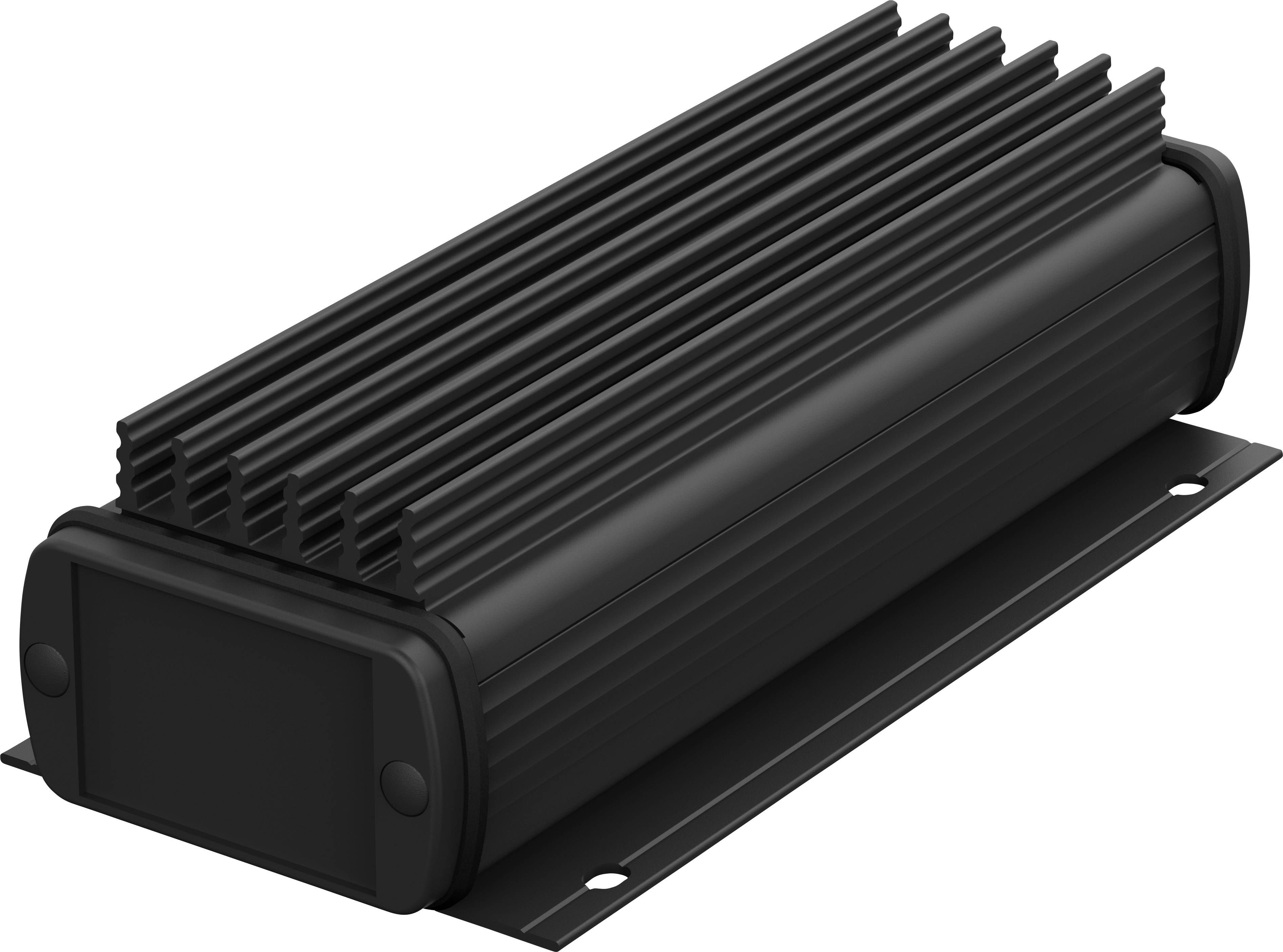 A black, rectangular, ribbed electronic device mounted on a plate. It could be a heatsink or an enclosure for electronic components.