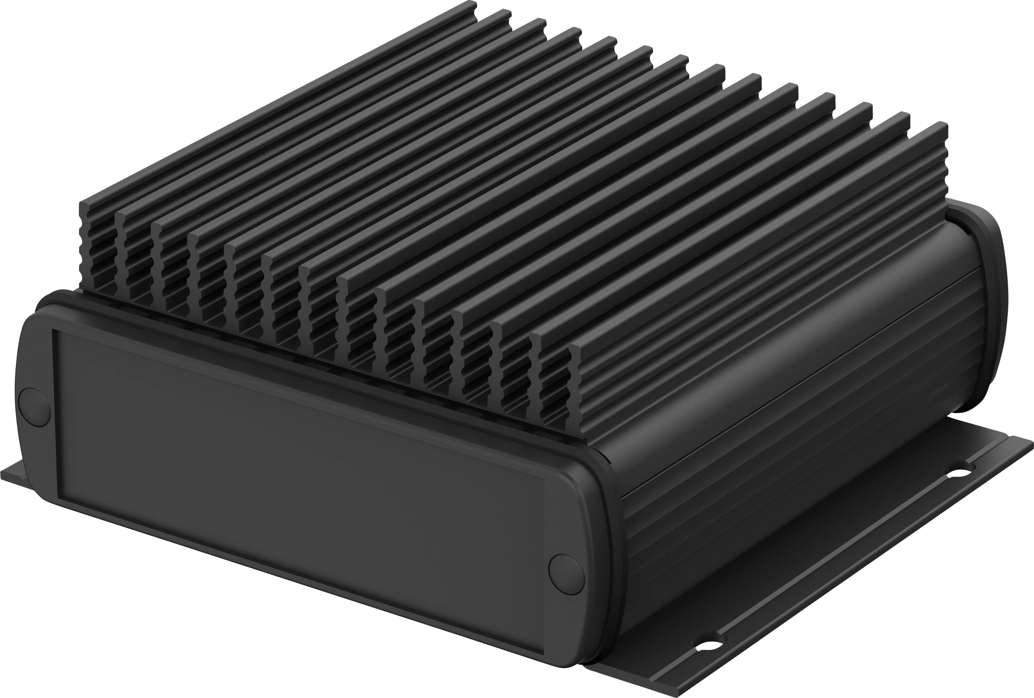 Black, rectangular electronic device with a heat sink-like surface, presumably a housing for technical components.