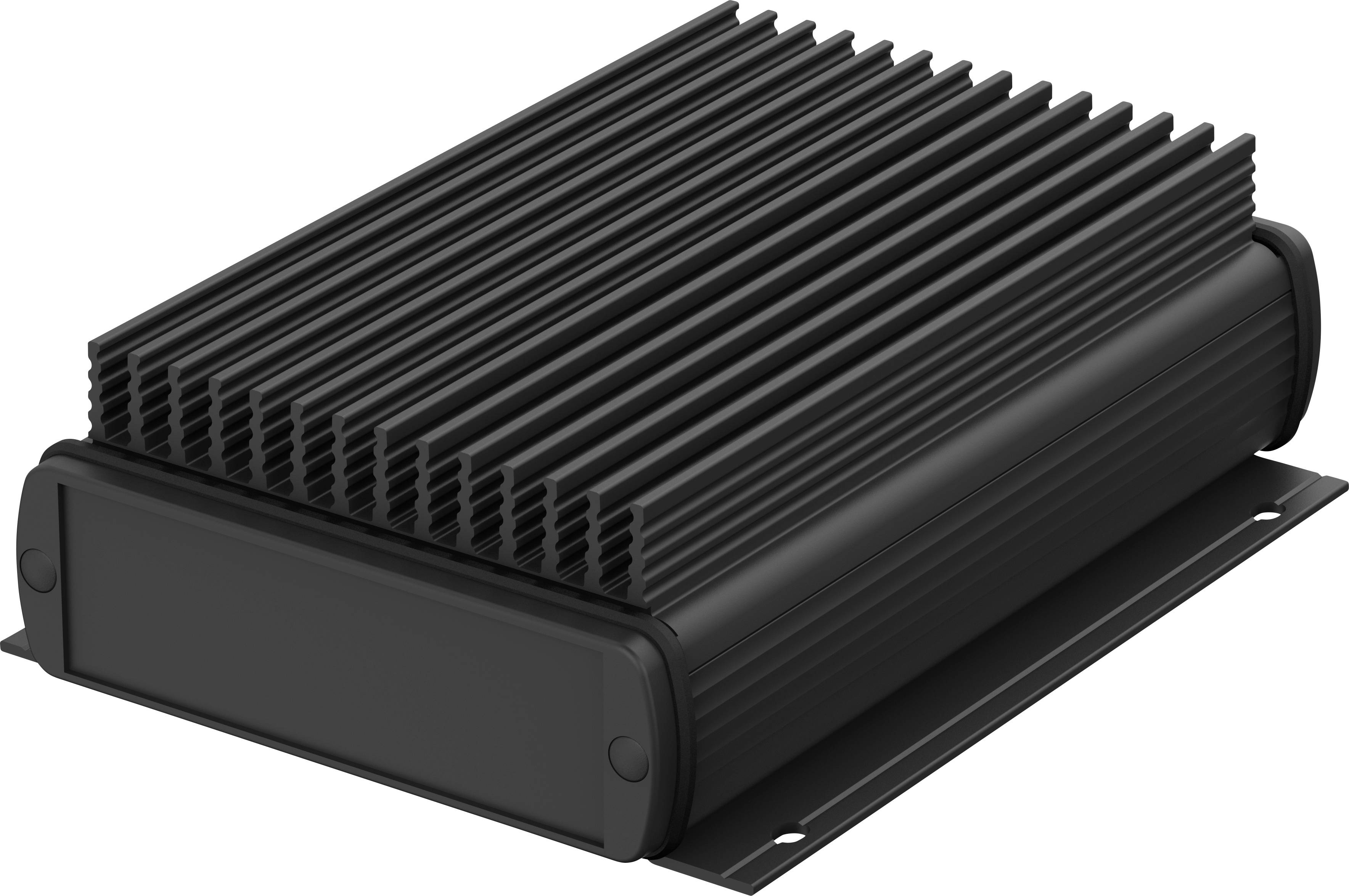 A rectangular black heatsink enclosure with a finned design, mounted on a metal plate, serves to dissipate heat.