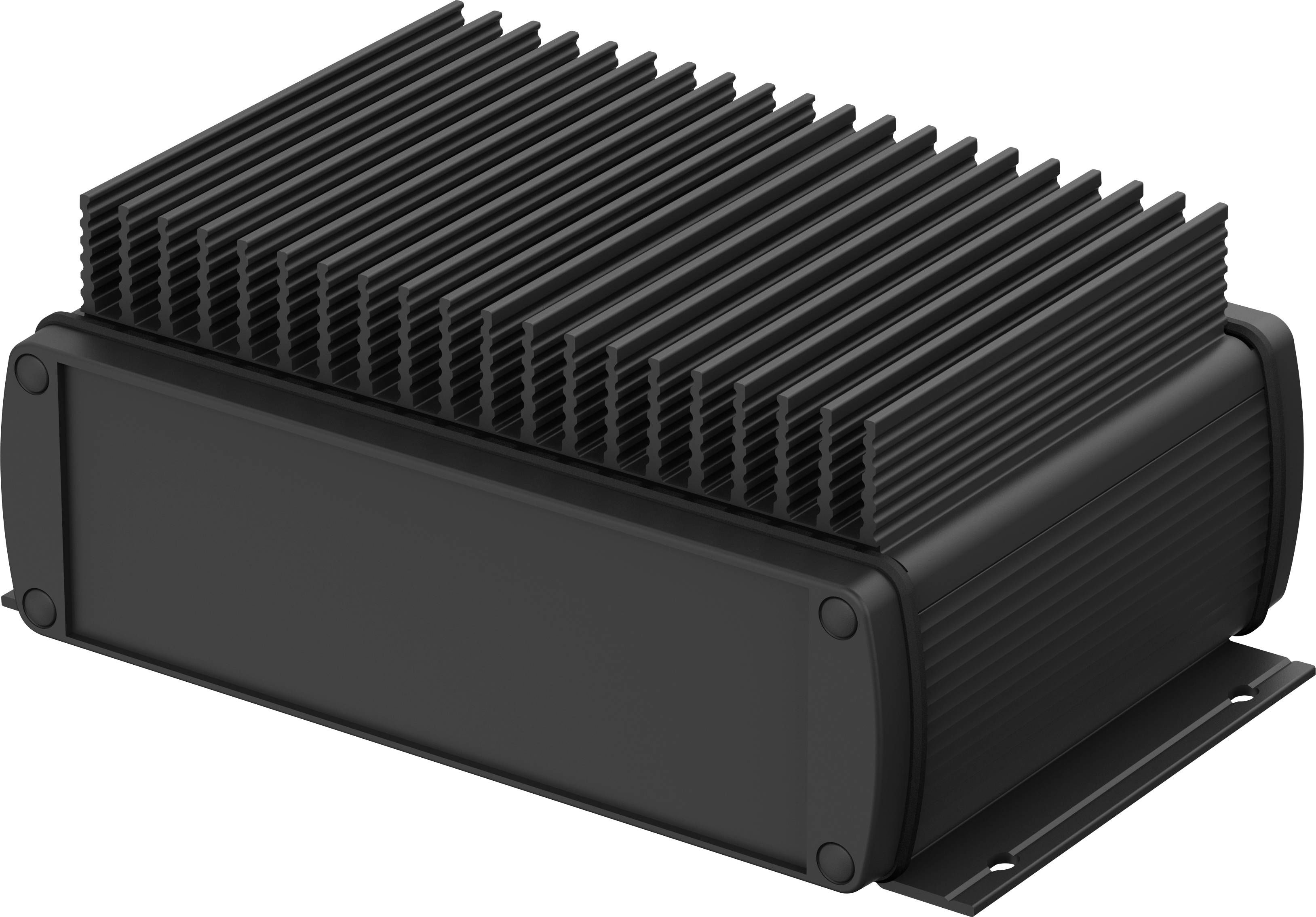 A rectangular black heat sink with fins for heat dissipation, mounted on a flat, metallic base.