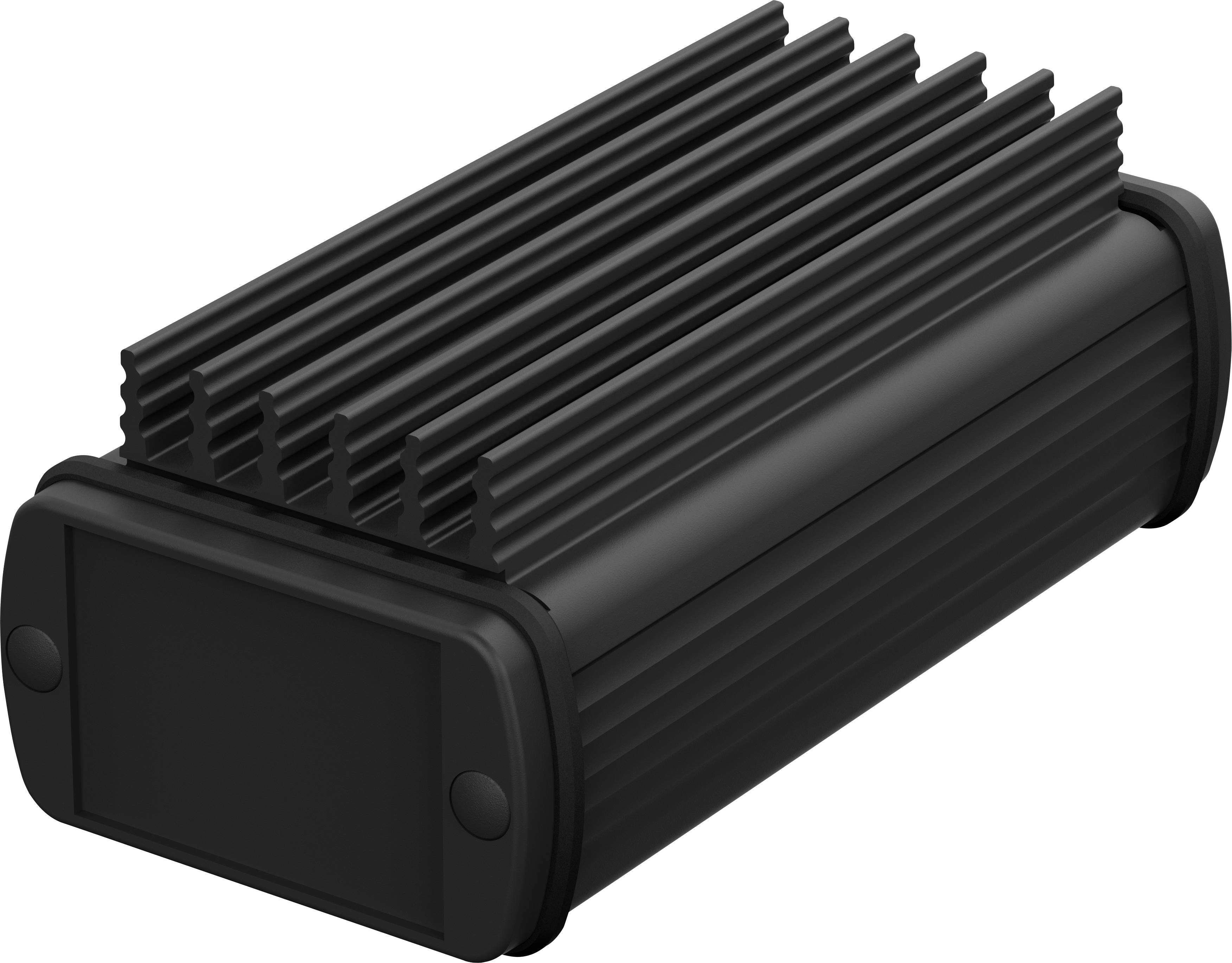 Black, rectangular aluminium heatsink with fins for heat dissipation, used in electronic devices for temperature control.