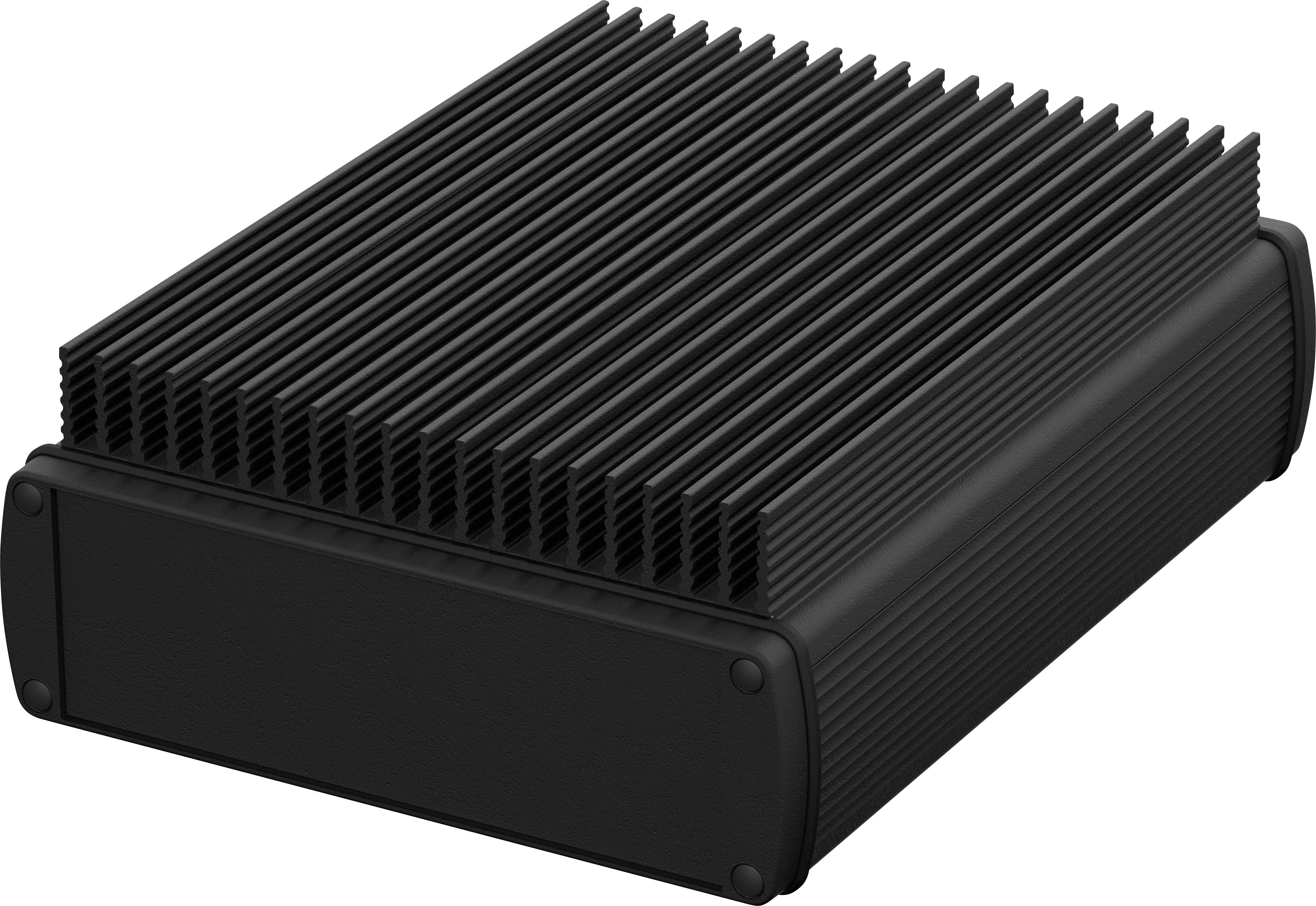 A black, rectangular enclosure with fins for heat dissipation.