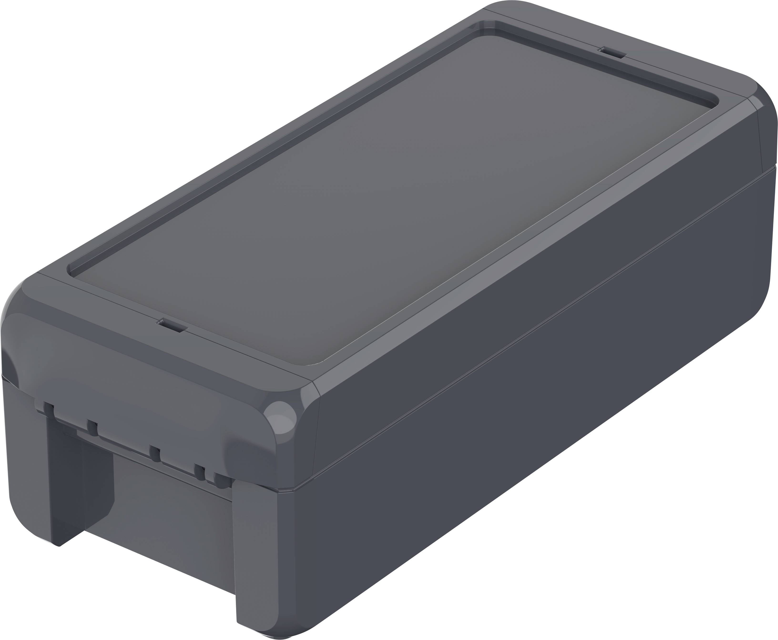Grey plastic storage box with a removable lid, rectangular and compact, suitable for storing smaller items.
