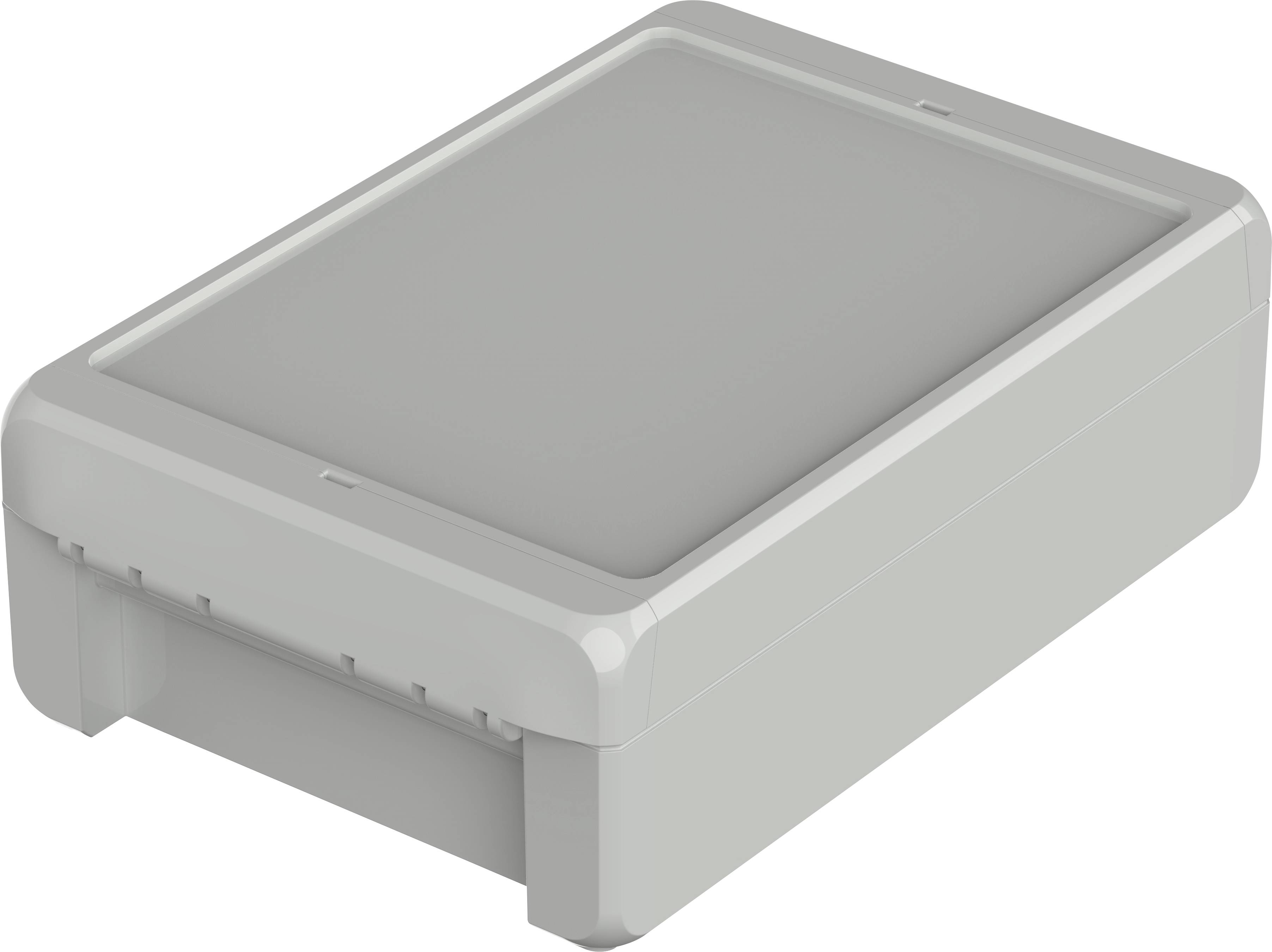 Grey rectangular plastic enclosure with rounded corners and a flat top surface, suitable for electronic components.